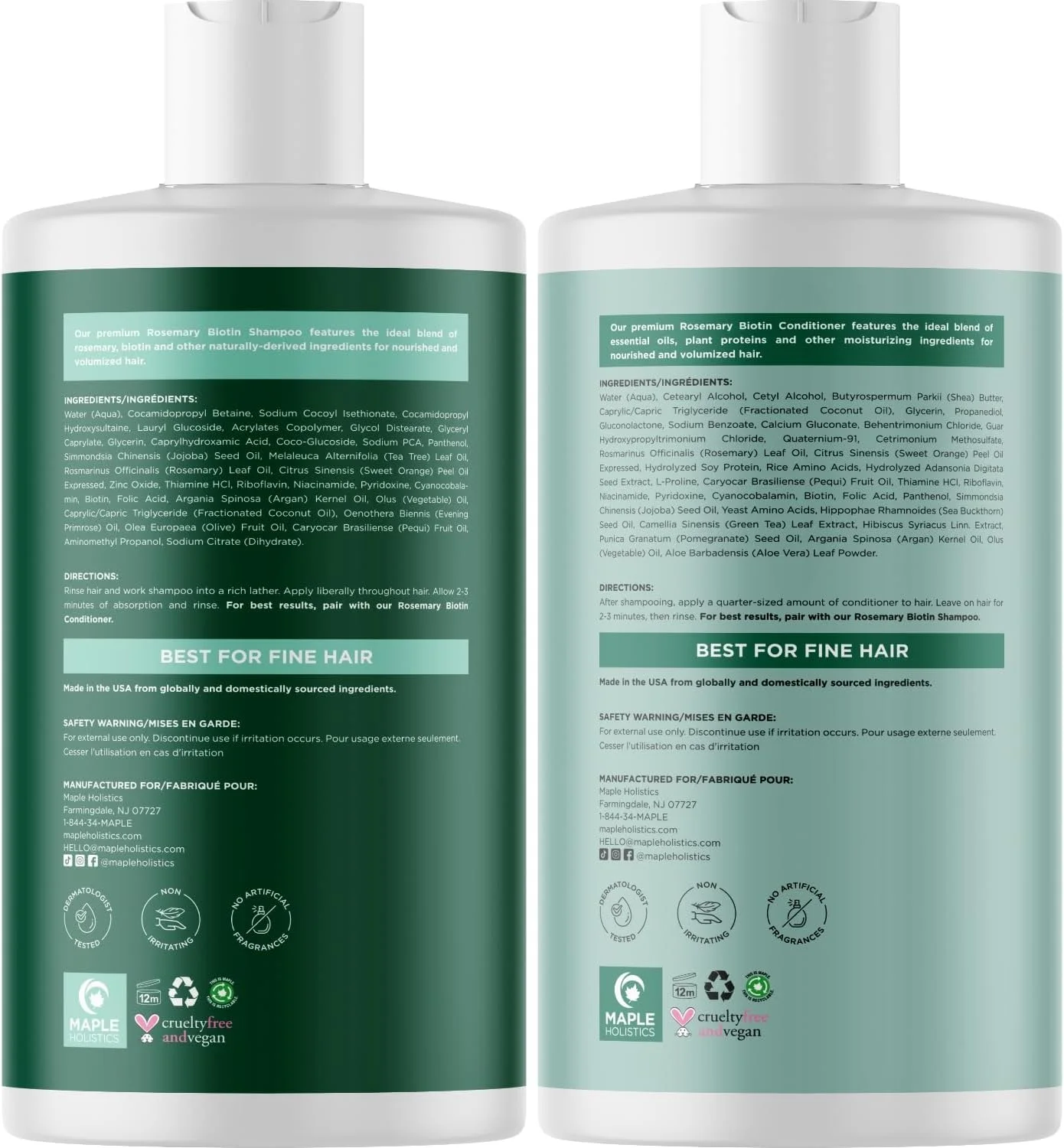 مجموعه شامپو و نرم کننده رزماری و بیوتین میپل هولیستیکس - مجموعه شامپو و نرم کننده بیوتین بدون سولفات و وگان، کمپلکس رشد مو با روغن رزماری برای موهای نازک، ضعیف و کدر