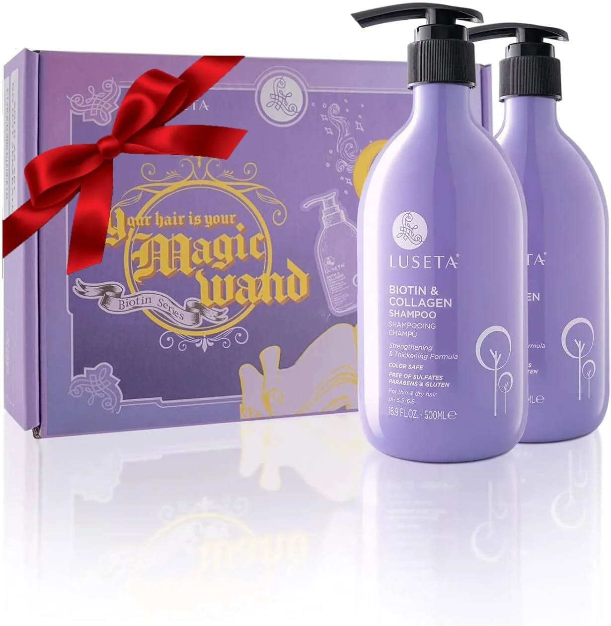 مجموعه شامپو و نرم کننده بیوتین و کلاژن لوسِتا، شامپو ضخیم کننده برای موهای نازک و تقویت مو، بدون سولفات و پارابن، کراتین و رنگ مو ایمن، 2×500 میلی لیتر