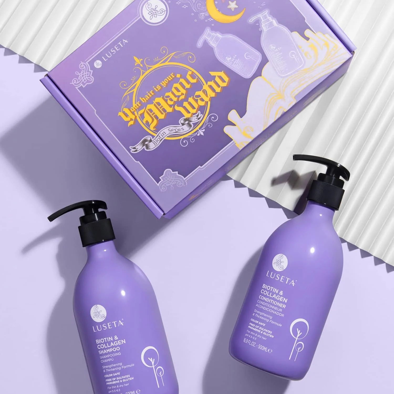 مجموعه شامپو و نرم کننده بیوتین و کلاژن لوسِتا، شامپو ضخیم کننده برای موهای نازک و تقویت مو، بدون سولفات و پارابن، کراتین و رنگ مو ایمن، 2×500 میلی لیتر