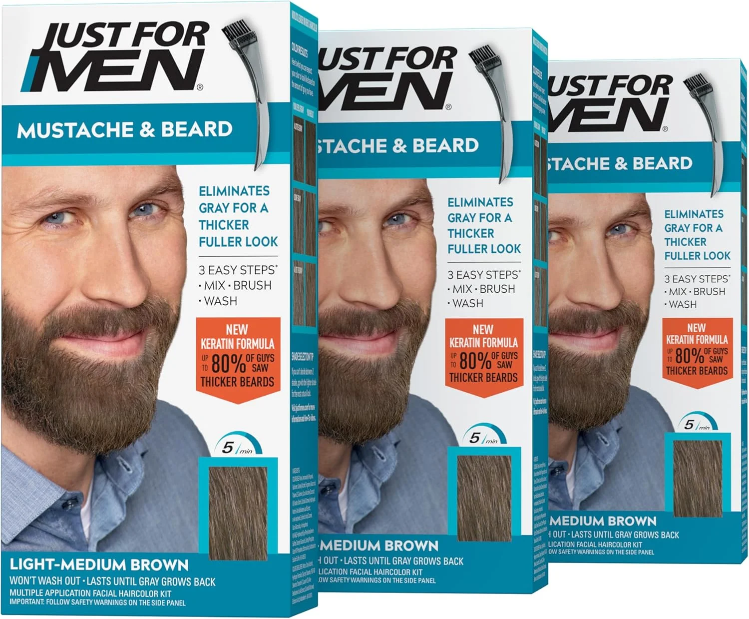 رنگ موی صورت مردانه، رنگ ریش و سبیل به همراه برس برای استفاده آسان، حاوی بیوتین، آلوئه ورا و روغن نارگیل برای سلامت موی صورت - قهوه ای روشن-متوسط، M-30، بسته 3 عددی