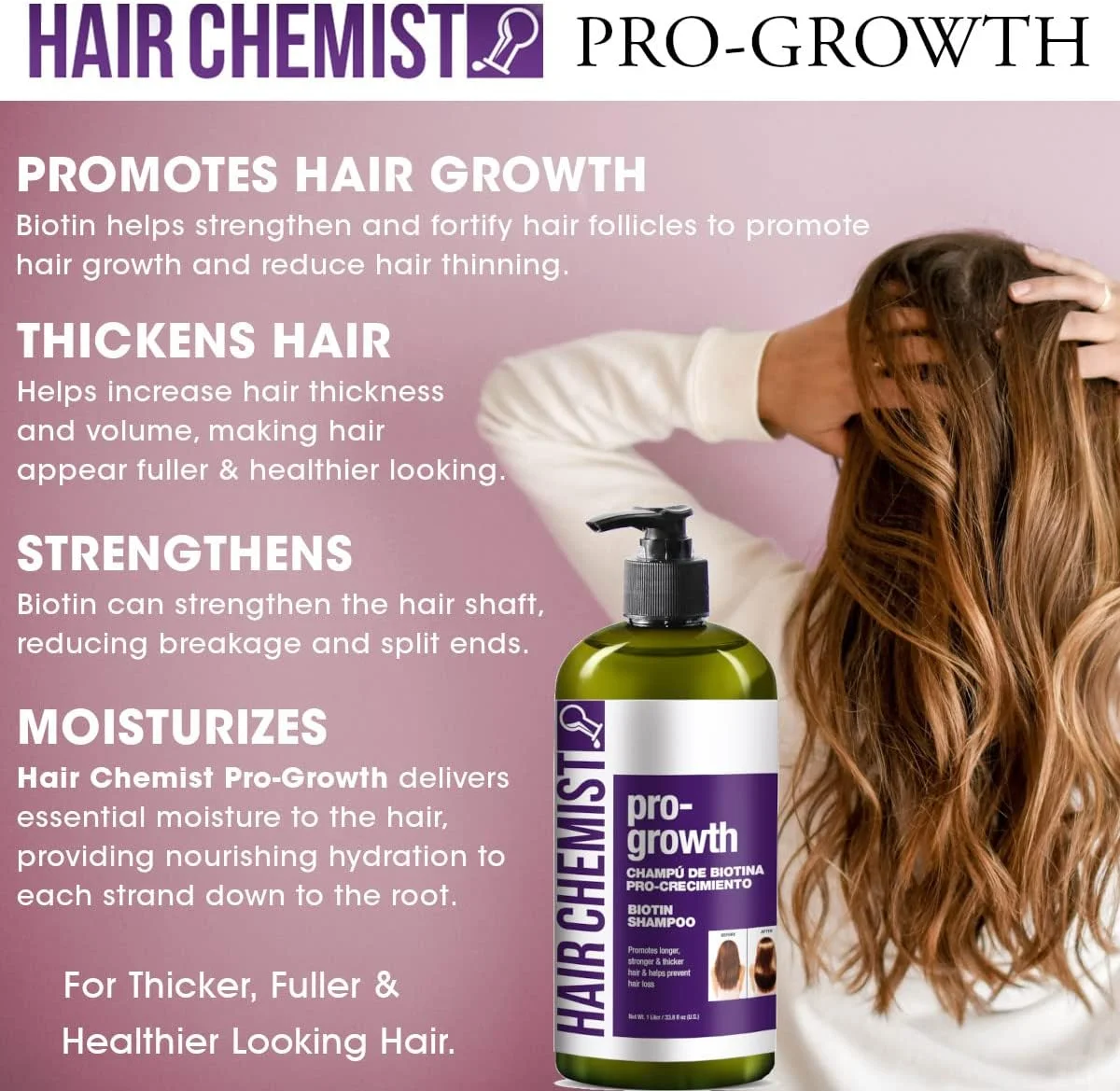 شامپو تقویت کننده مو Hair Chemist Pro-Growth با بیوتین 1000 میلی لیتر - شامپو بیوتین برای موهای نازک و کم پشت