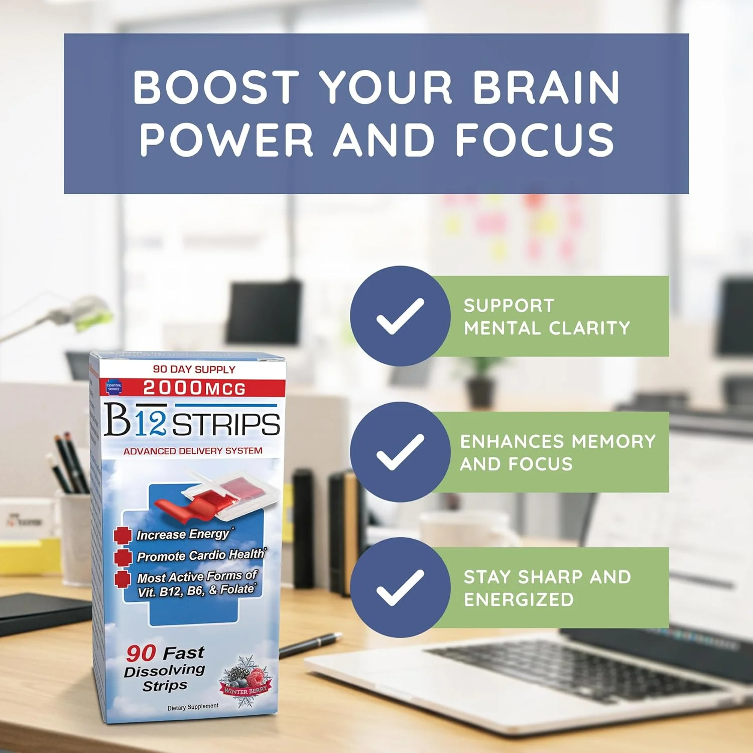 نوارهای زیر زبانی ویتامین ب ۱۲ متیل کوبالامین ۲۰۰۰ میکروگرم برای انرژی | بیوتین، ب۶، ۵-MTHF ال-متیل فولات | ویتامین های ب۱۲ زیر زبانی، فولات | انرژی، سلامت مغز، عملکرد عصبی - ۹۰ نوار