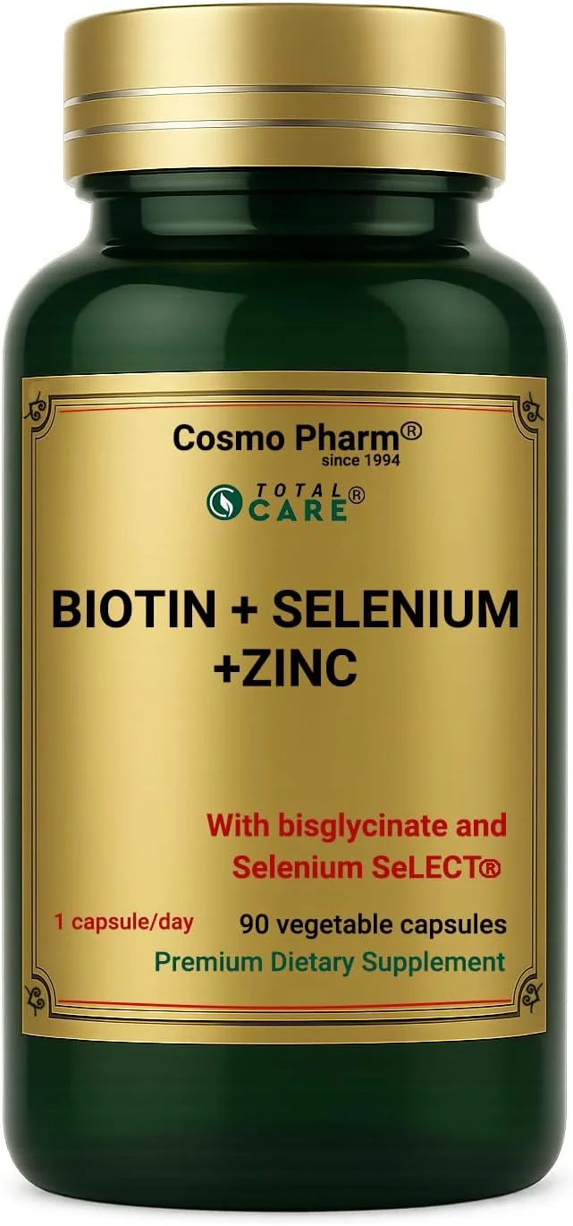 بیوتین 1000 میکروگرم + زینک 10 میلی‌گرم (بیس گلیسینات) + سلنیوم 55 میکروگرم (سلنیوم سلکت®) | کپسول‌های گیاهی | مو، پوست و ناخن | 1 کپسول در روز | 90 عدد