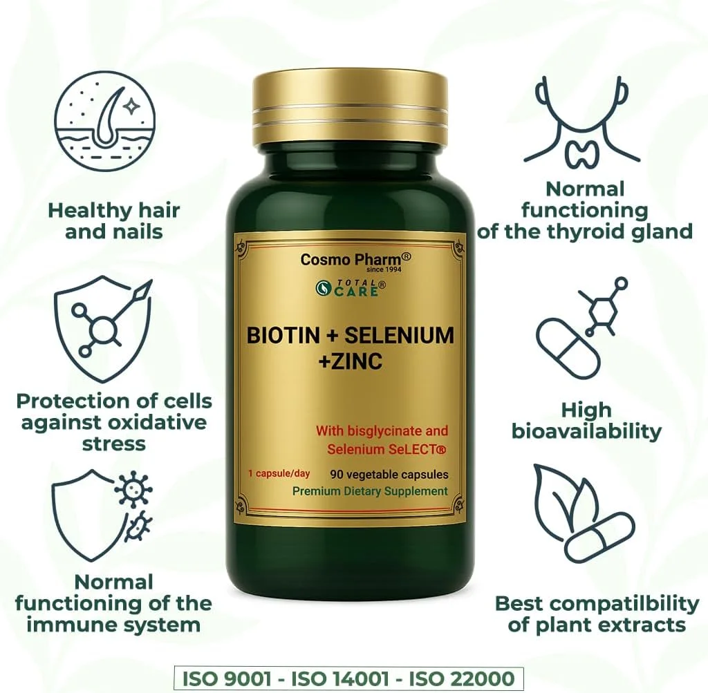 بیوتین 1000 میکروگرم + زینک 10 میلی‌گرم (بیس گلیسینات) + سلنیوم 55 میکروگرم (سلنیوم سلکت®) | کپسول‌های گیاهی | مو، پوست و ناخن | 1 کپسول در روز | 90 عدد