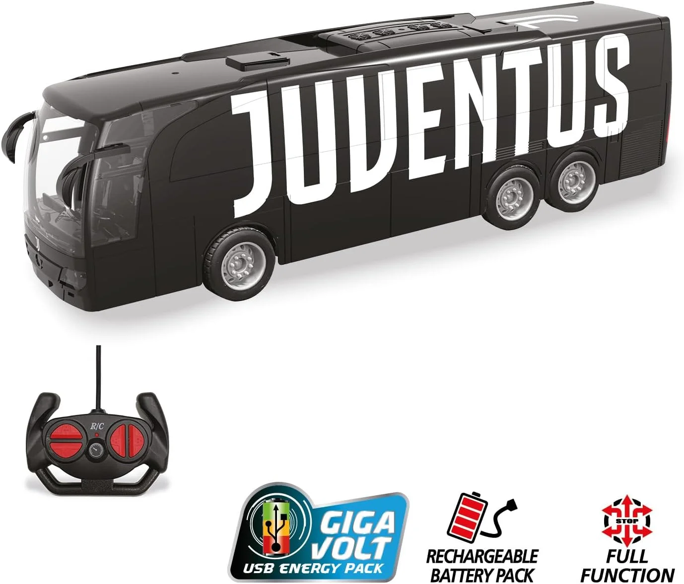 اتوبوس کنترلی مدل یوونتوس موندو موتورز، طول 33 سانتی متر، شامل باتری های قابل شارژ، اتوبوس اسباب بازی برای کودکان