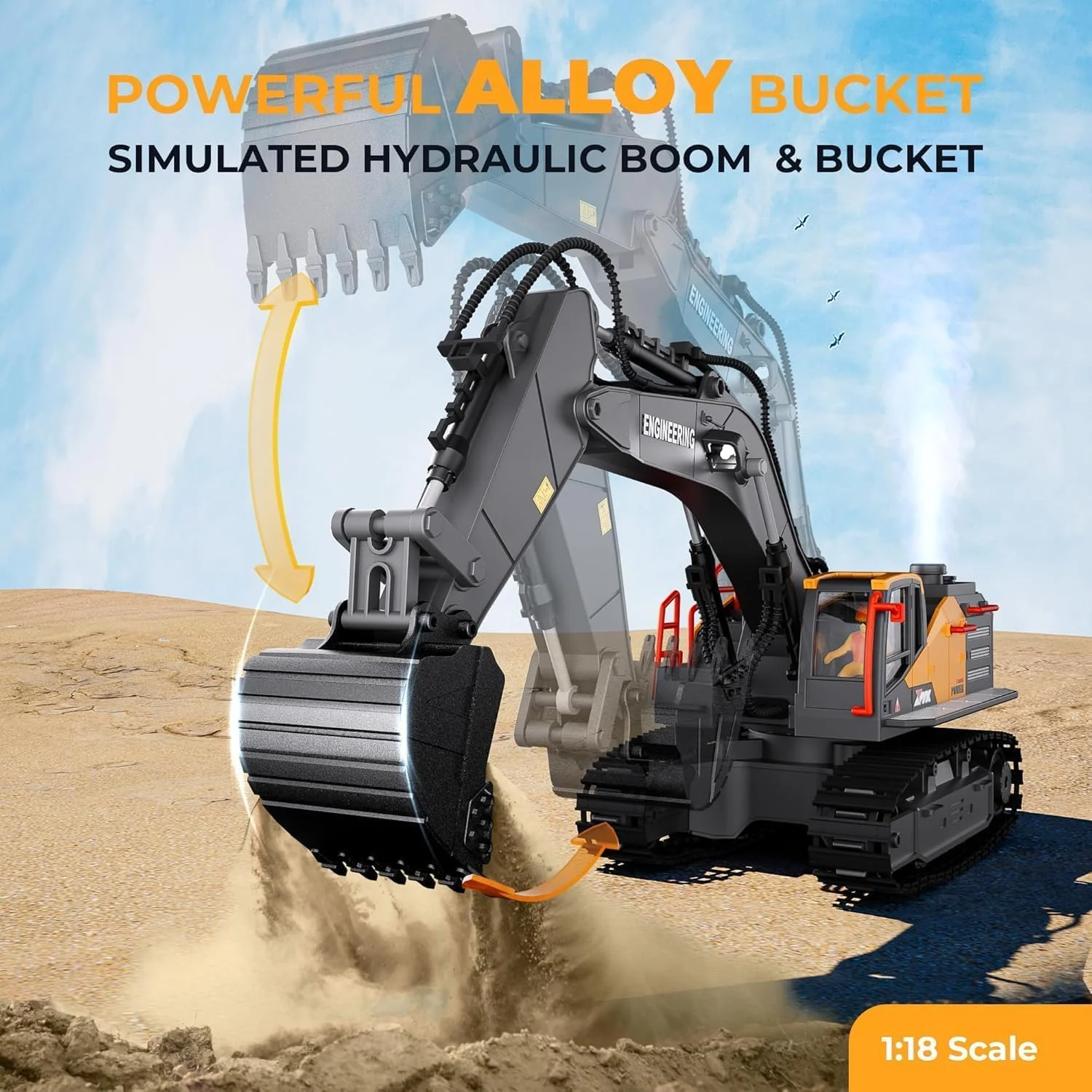 بیل مکانیکی آرسی 11 کاناله، اسباب بازی کامیون بیل مکانیکی فلزی، تراکتور وسایل نقلیه ساختمانی کنترل از راه دور 1/18، هدیه اسباب بازی پسرانه 2.4 گیگاهرتزی برای کودکان و بزرگسالان - چند رنگ