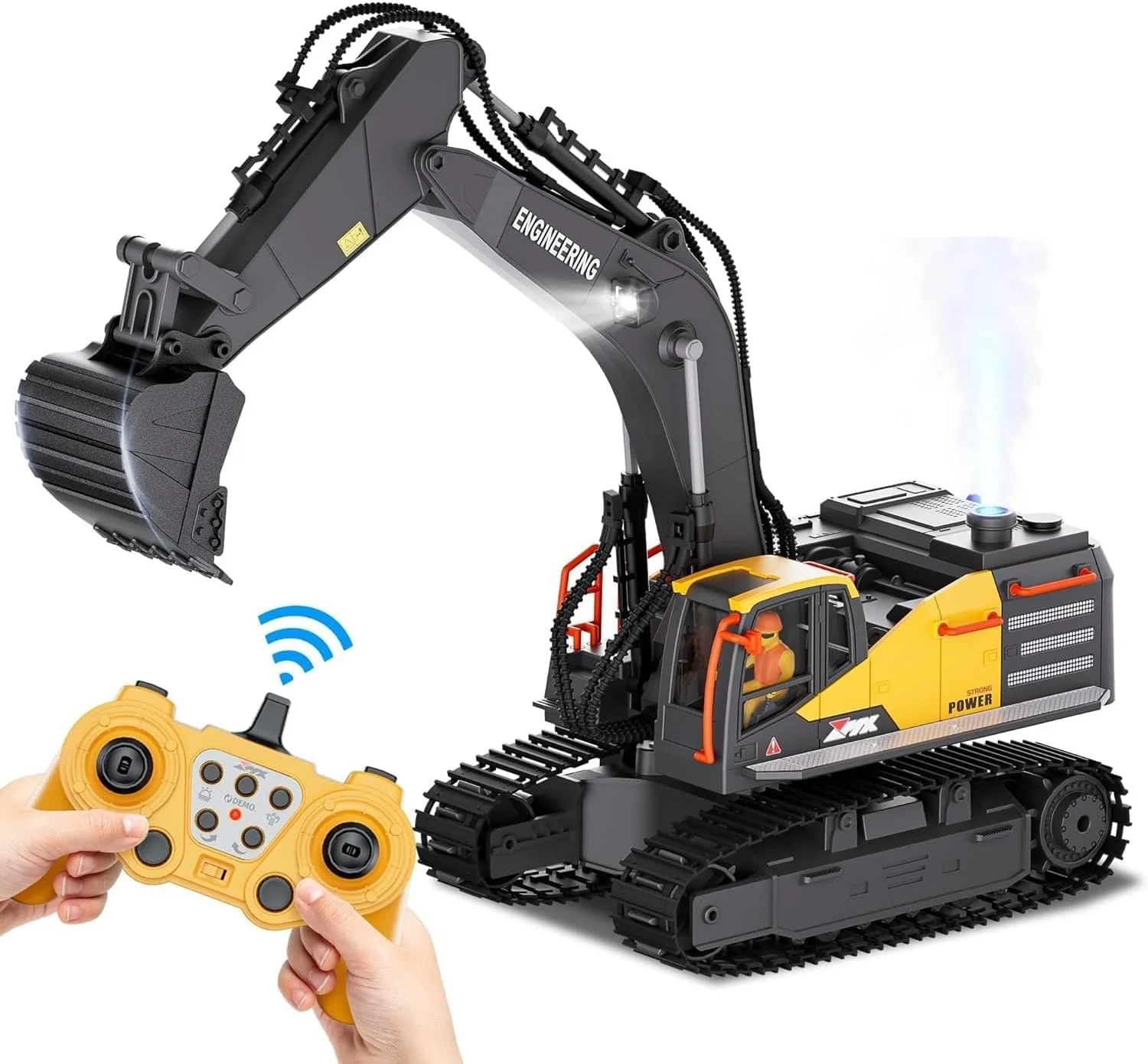 اسباب بازی ساختنی کنترل از راه دور 11 کاناله EXOMOON برای پسران - بیل مکانیکی RC با بیل فلزی/اسپری/چراغ/صدا، اسباب بازی های وسایل نقلیه ساختمانی بیل مکانیکی RC هدیه