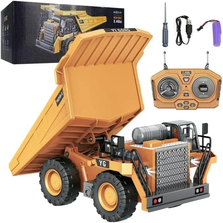 اسباب بازی بیل مکانیکی کنترلی RABRA، کامیون بیل مکانیکی RC 9 کاناله، مقیاس 1/24، وسایل نقلیه ساختمانی 2.4 گیگاهرتزی با بیل فلزی، چرخش 680 درجه، چراغ ها و صداها برای کودکان پسر 4-10 سال (کمپرسی RC)