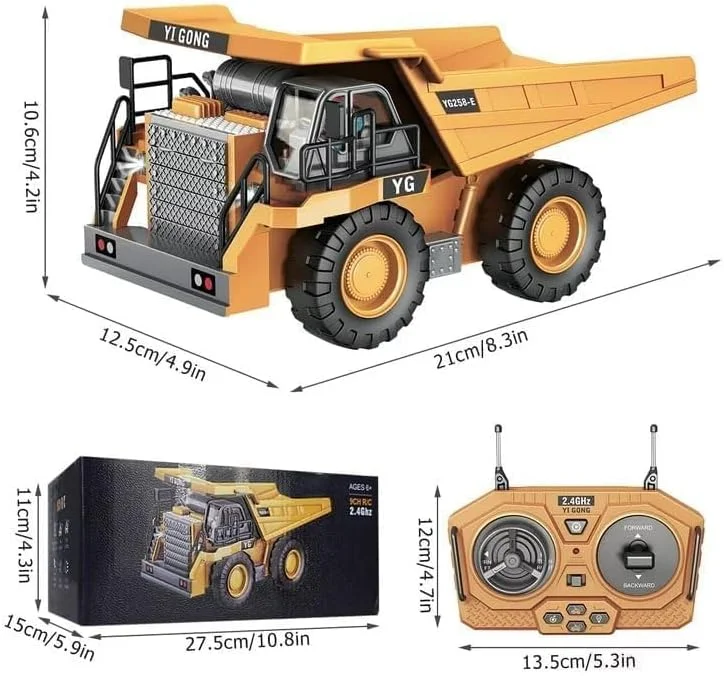 اسباب بازی بیل مکانیکی کنترلی RABRA، کامیون بیل مکانیکی RC 9 کاناله، مقیاس 1/24، وسایل نقلیه ساختمانی 2.4 گیگاهرتزی با بیل فلزی، چرخش 680 درجه، چراغ ها و صداها برای کودکان پسر 4-10 سال (کمپرسی RC)