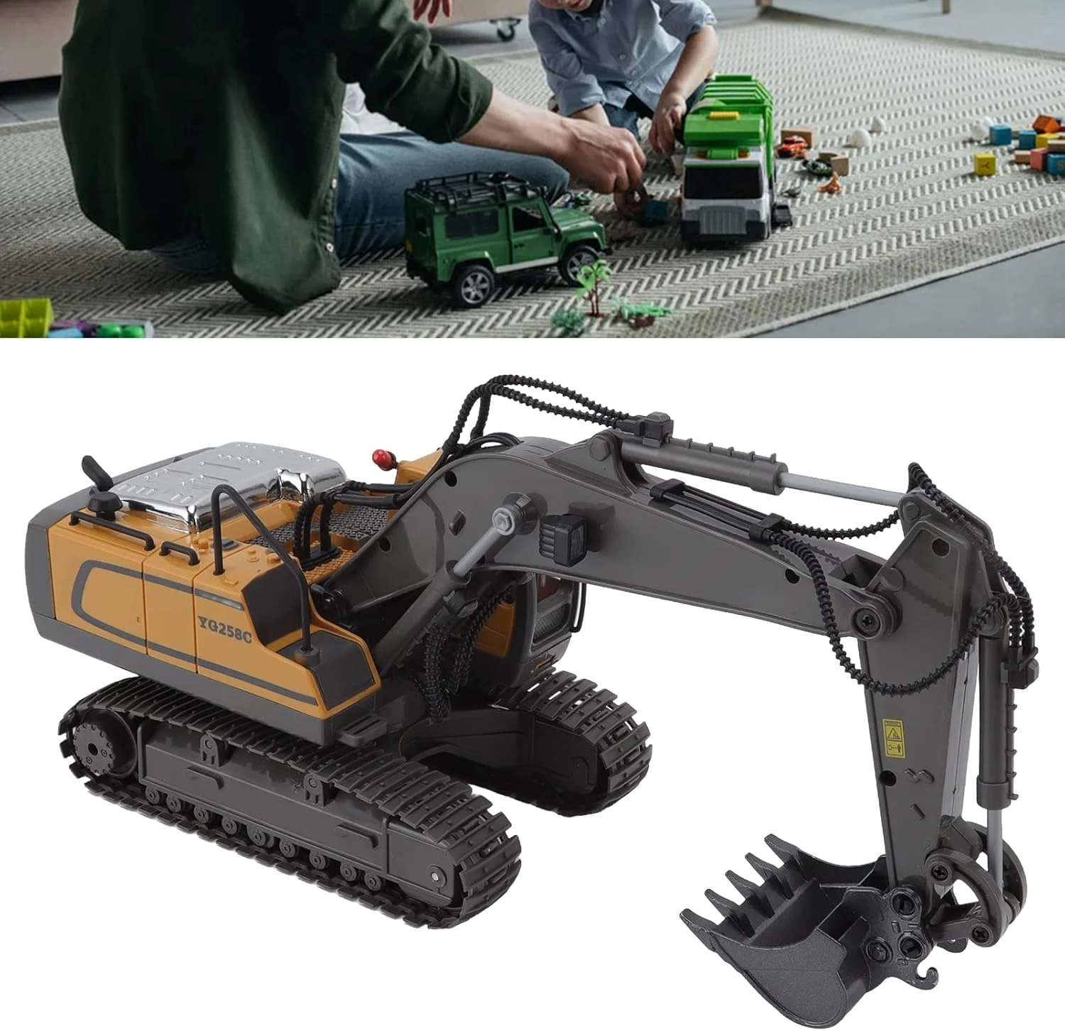 بیل مکانیکی آرسی مقیاس 1/20، 11 کانال 2.4 گیگاهرتز، اسباب بازی بیل مکانیکی کنترل از راه دور آلیاژ پلاستیکی برای پسران (زرد)