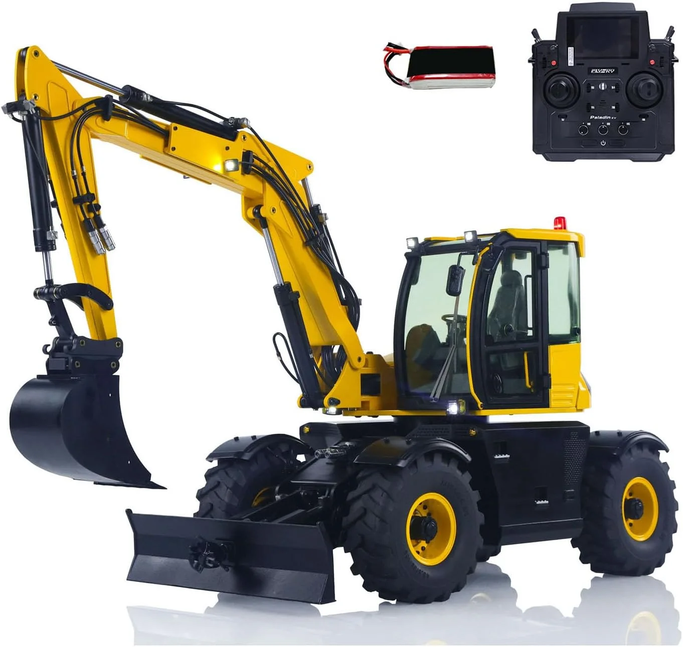 بیل مکانیکی هیدرولیک آرسی 1/14 مدل JCB 110W 9CH با کنترل از راه دور، 3 بازو، مدل فلزی، رادیو Flysky Paladin PL18EV و باتری