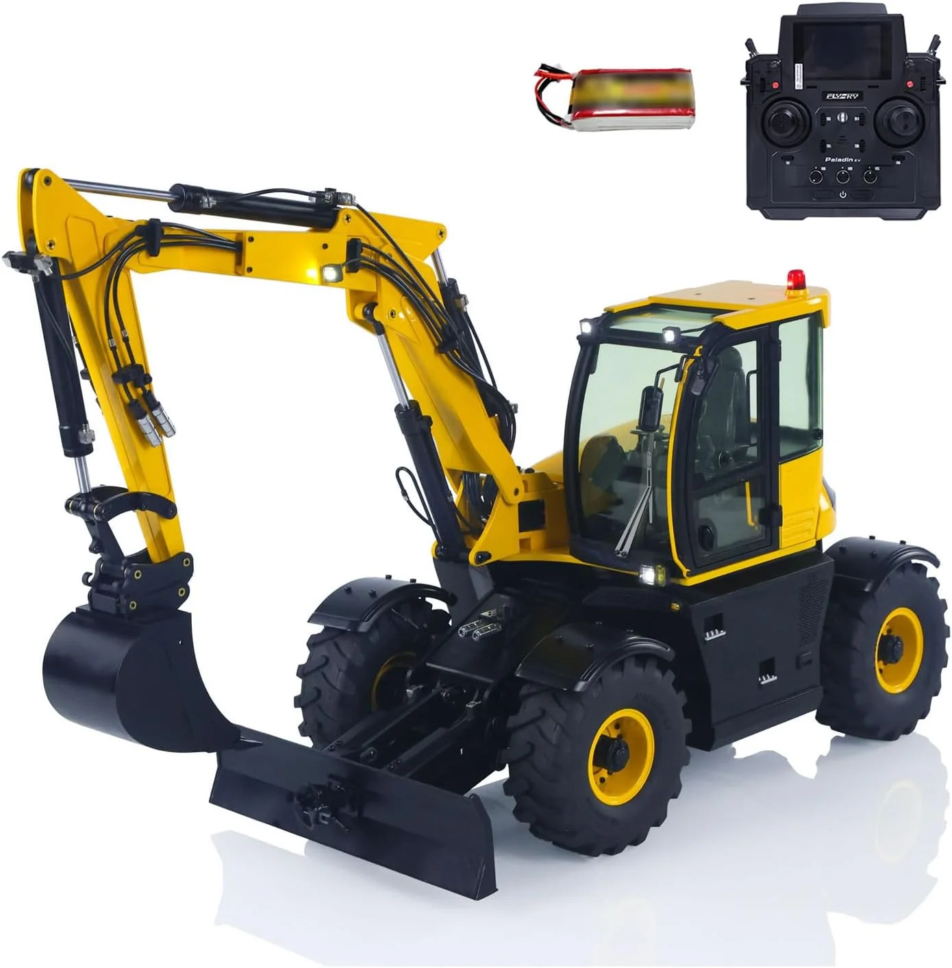 بیل مکانیکی هیدرولیک آرسی 1/14 مدل JCB 110W 9CH با کنترل از راه دور، 3 بازو، مدل فلزی، رادیو Flysky Paladin PL18EV و باتری