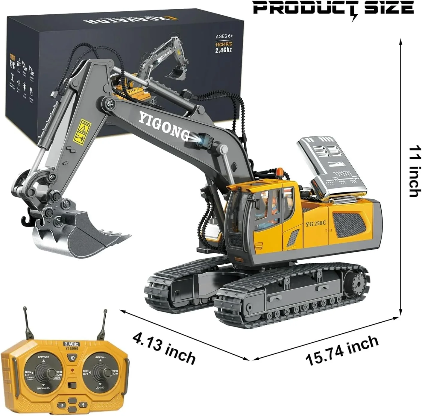 اسباب بازی بیل مکانیکی کنترلی برای پسران 6-12 ساله، بهترین هدیه تولد برای کودکان 7 8 9 10 11 ساله، اسباب بازی های ساختمانی RC با بیل فلزی، چراغ ها، صداها 2.4 گیگاهرتز