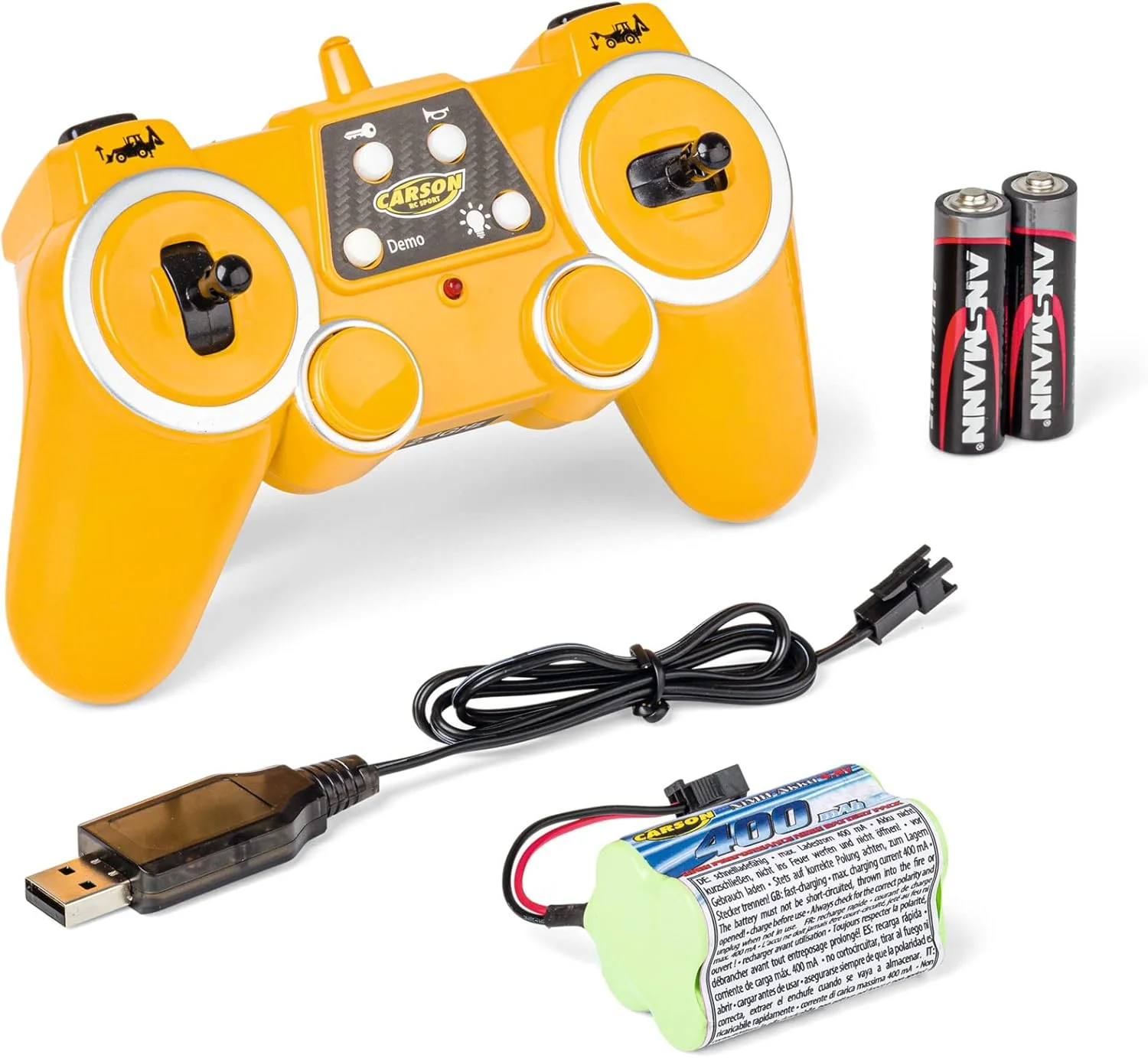 لودر بیل مکانیکی کارسون 500907668 مقیاس 1:20 JCB 2.4G 100% RTR - وسیله نقلیه ساختمانی کنترل از راه دور برای کودکان بالای 8 سال، بیل مکانیکی RC با عملکردهای مختلف، شامل باتری و کنترل از راه دور، زرد