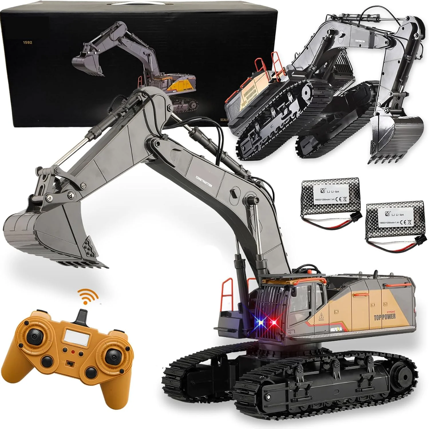 مدل بیل مکانیکی SOWOFA 1592 کنترل از راه دور، بیل مکانیکی بزرگ 1:14، 56 سانتی متر (22 اینچ)، 22 کانال، سطل آلیاژی، ماشین ساختمانی (باتری دوتایی)