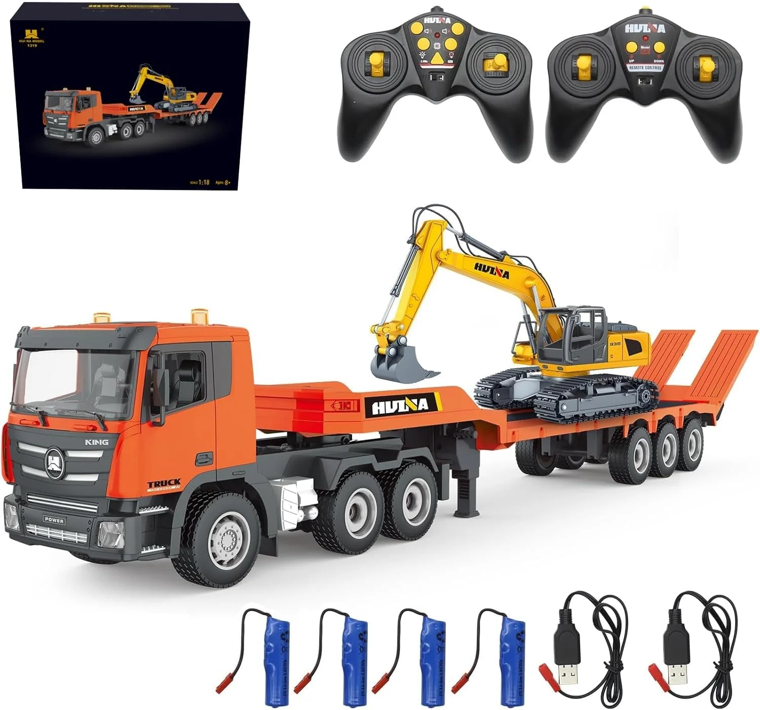 ست کامیون نیمه آرسی و بیل مکانیکی آرسی، کامیون کفی کنترل از راه دور مقیاس 1:24 با تریلر جداشدنی، وسیله نقلیه ساختمانی نیمه تریلر آرسی 2.4 گیگاهرتزی با صدا و نور