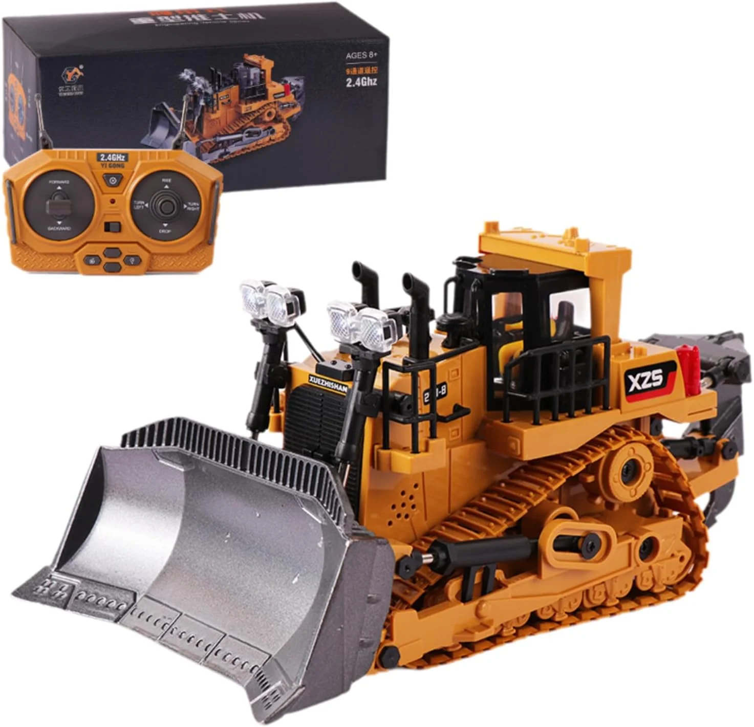 بیل مکانیکی کنترلی با نور و صدا - مجموعه اسباب بازی ماشین آلات راهسازی 2.4 گیگاهرتزی برای کودکان و بزرگسالان (بولدوزر خزنده)