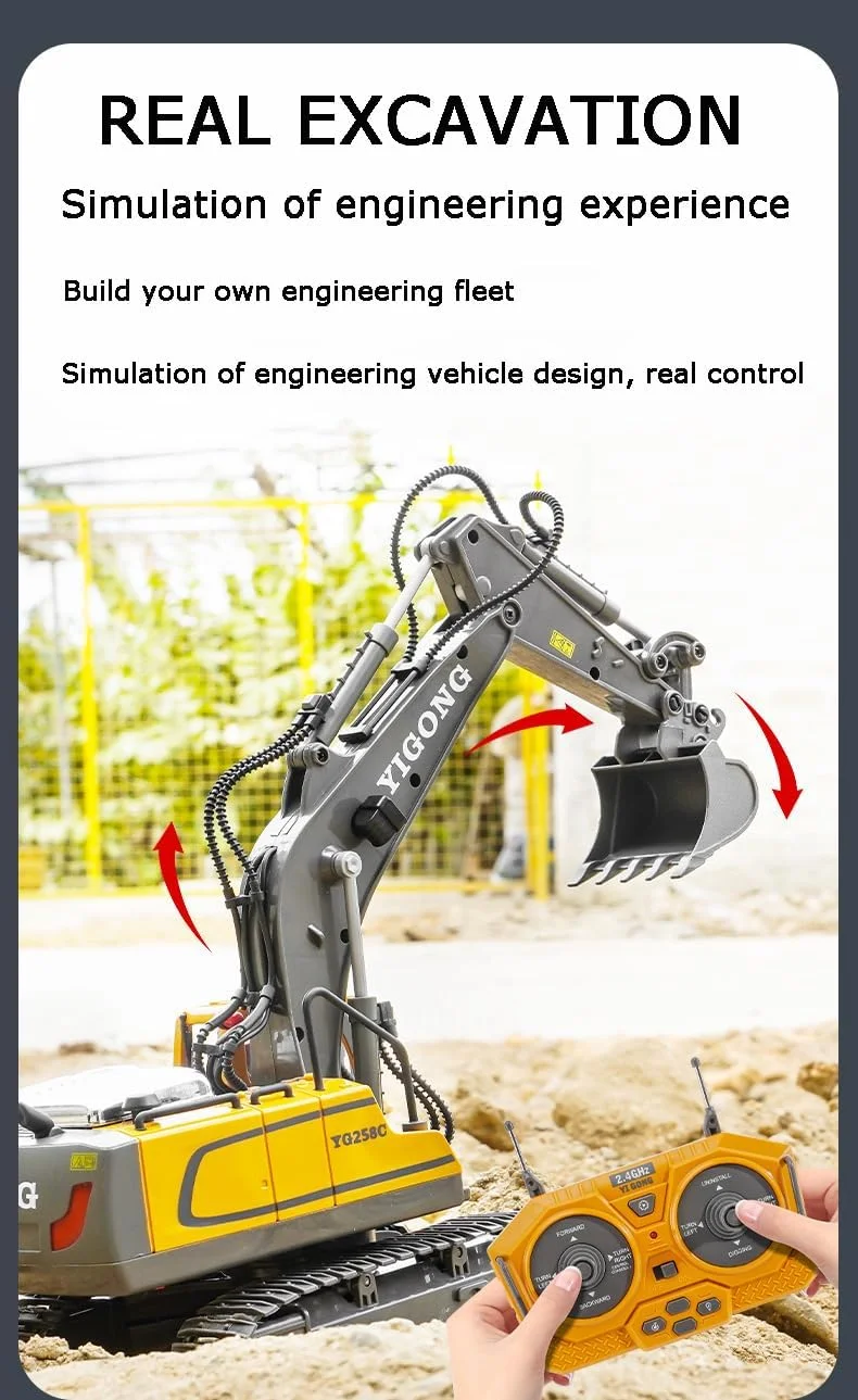 بیل مکانیکی کنترلی با نور و صدا - مجموعه اسباب بازی ماشین آلات راهسازی 2.4 گیگاهرتزی برای کودکان و بزرگسالان (بولدوزر خزنده)