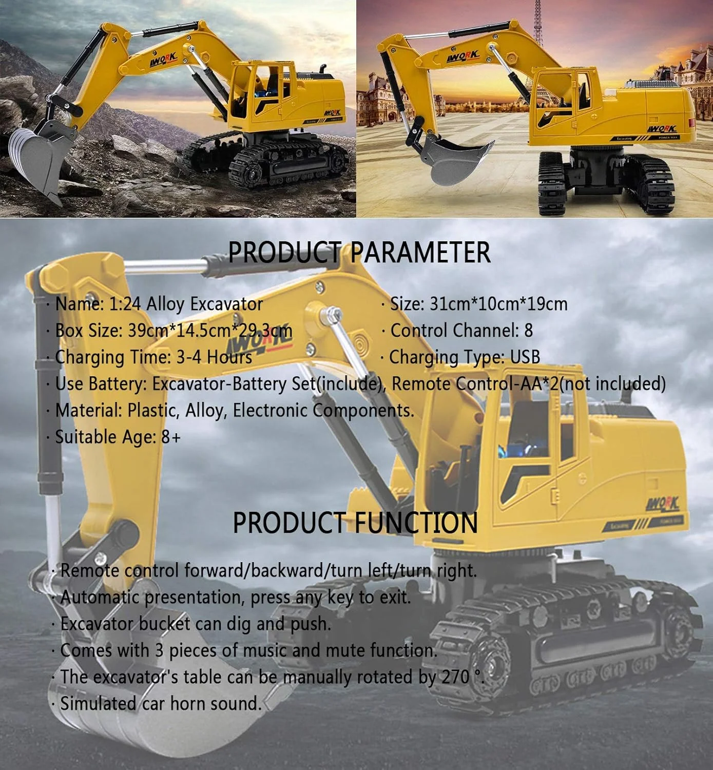 بیل مکانیکی آلیاژی 1:24 با 8 کانال و کنترل از راه دور 2.4G، اسباب بازی بیل مکانیکی کنترل از راه دور بی سیم برای هدیه تولد کودک در فضای باز