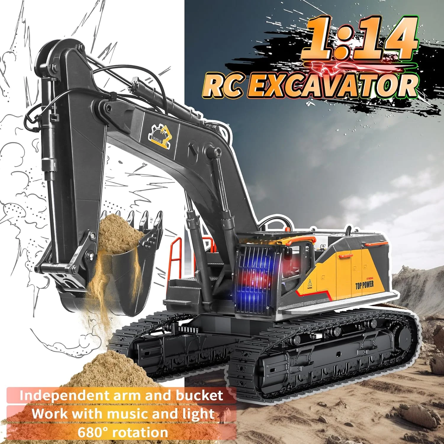 بیل مکانیکی کنترلی 22 کانال، مقیاس 1/14، بازوهای مستقل فلزی، ماشین آلات ساختمانی حرفه ای با چراغ و صدا، هدیه اسباب بازی پسرانه برای 8-12 سال