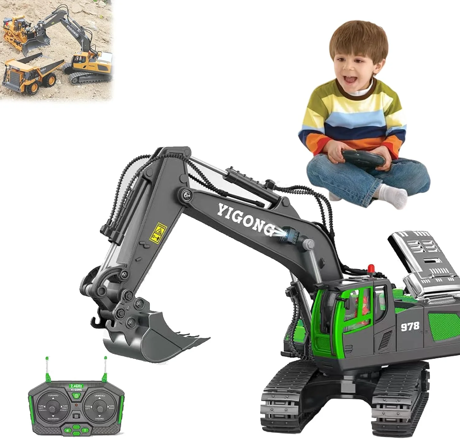 ماشین آلات آرسی دیگ مستر - اسباب بازی بیل مکانیکی کنترل از راه دور، مقیاس 1/20 چرخش 680 درجه، وسایل نقلیه ساختمانی آرسی 11 کاناله برای پسران 3-5 ساله (سبز)