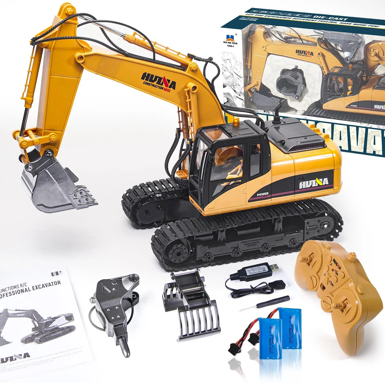 بیل مکانیکی کنترل از راه دور برای سنین 6، 8 و 10 سال، بیل مکانیکی فلزی کنترل از راه دور 1:14، بیل مکانیکی 3 در 1 با کنترل از راه دور با باتری و شارژر، هدیه تولد