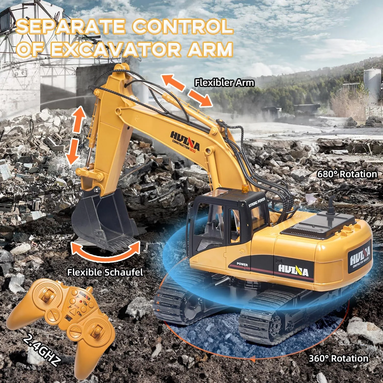 بیل مکانیکی کنترل از راه دور برای سنین 6، 8 و 10 سال، بیل مکانیکی فلزی کنترل از راه دور 1:14، بیل مکانیکی 3 در 1 با کنترل از راه دور با باتری و شارژر، هدیه تولد