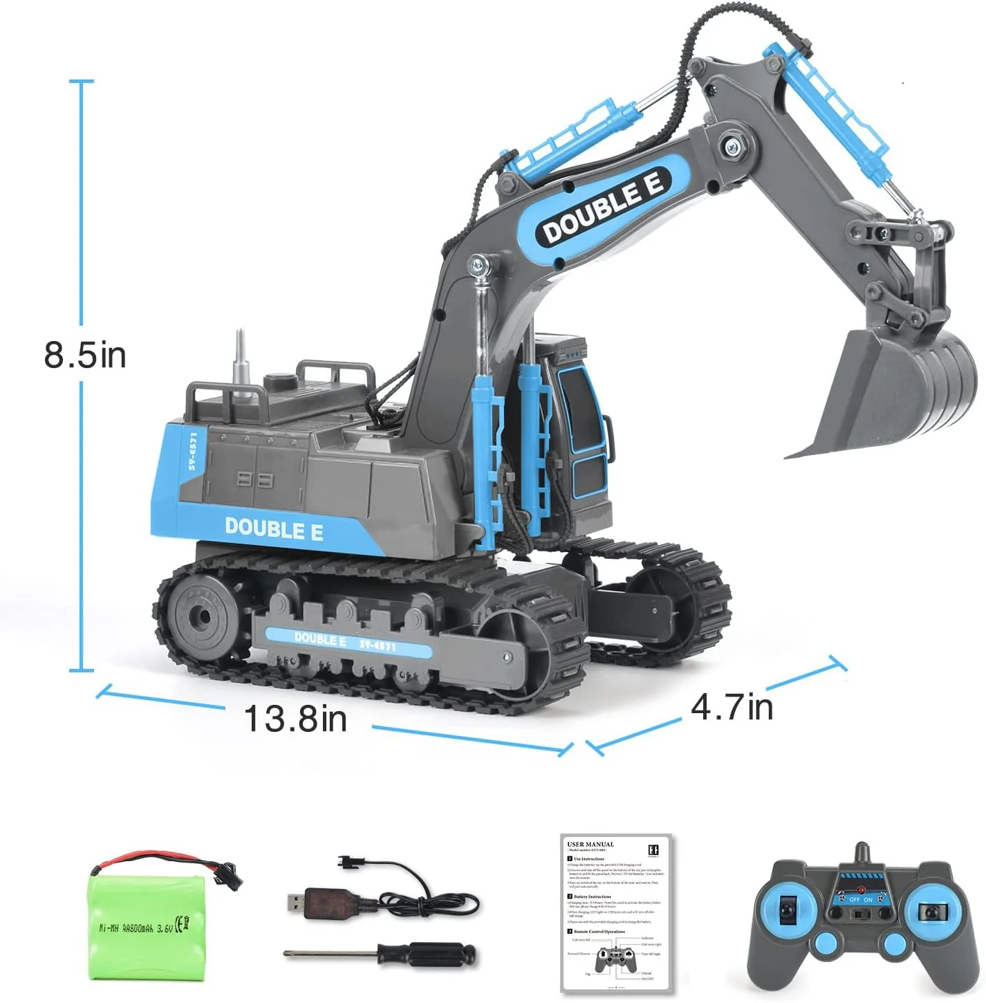 اسباب بازی بیل مکانیکی کنترلی DOUBLE E با 2 باتری، ماشین های ساختمانی هیدرولیک، کامیون های کنترلی برای پسران دختران کودکان 3 4 5 6 7 8 9 10 ساله، خاکستری آبی