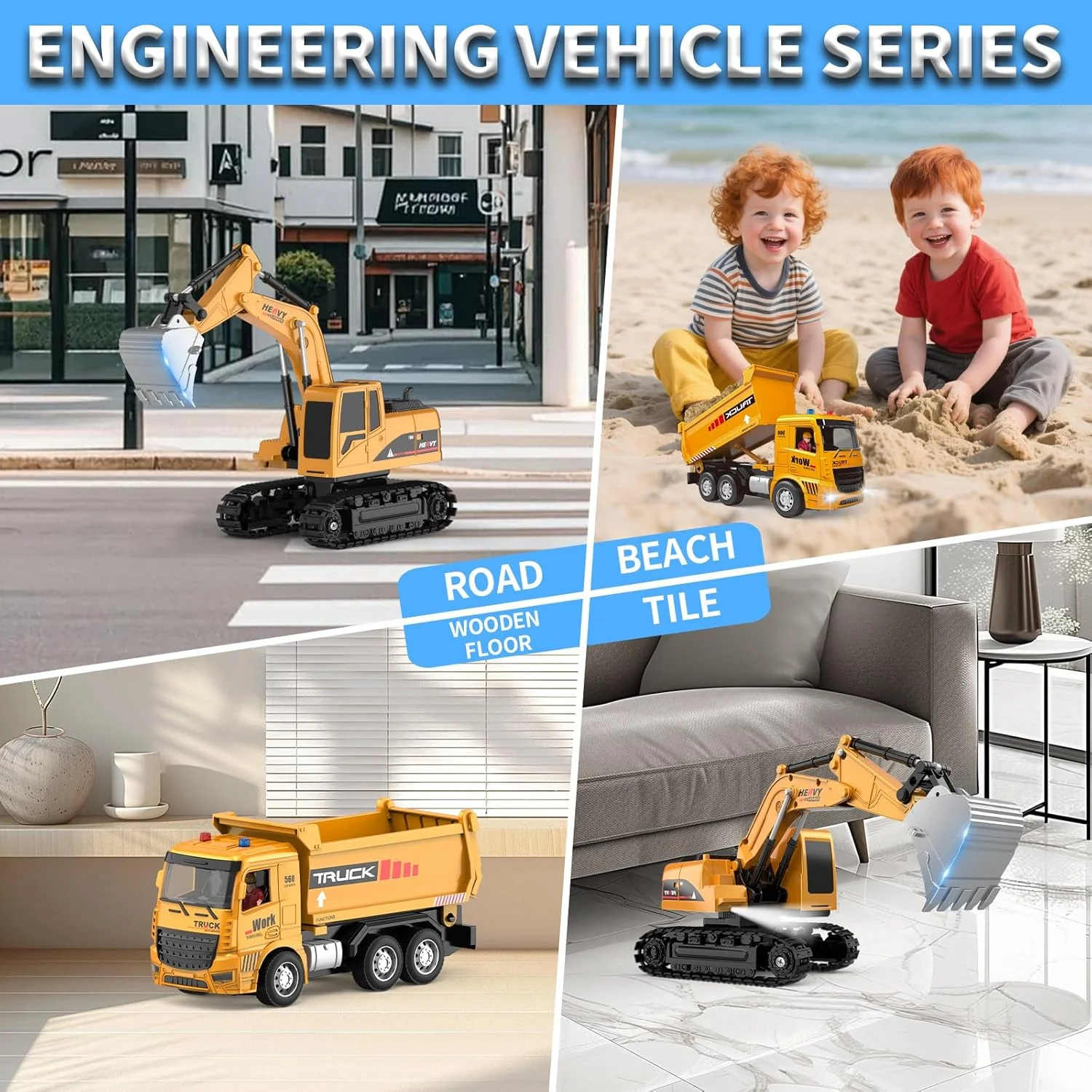 مجموعه اسباب بازی بیل مکانیکی و کامیون کمپرسی کنترل از راه دور - اسباب بازی ماشین های ساختمانی RC با موانع، علائم راهنمایی و رانندگی، سنگ های شبیه سازی شده، چراغ ها و صداها، هدیه تولد برای کودکان نوپا 3-12 ساله پسران و دختران