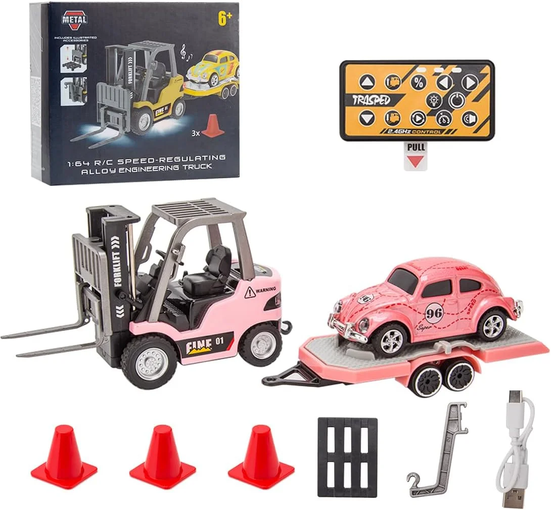 لیفتراک کنترلی با ماشین مینی آرسی، مقیاس 1/64، 2.4G، 10 کیلومتر در ساعت، لیفتراک کامیونی آلیاژی مینی با دنده های دو سرعته، دارای قلاب بار، شاخک و پالت، وسایل نقلیه ساختمانی مهندسی