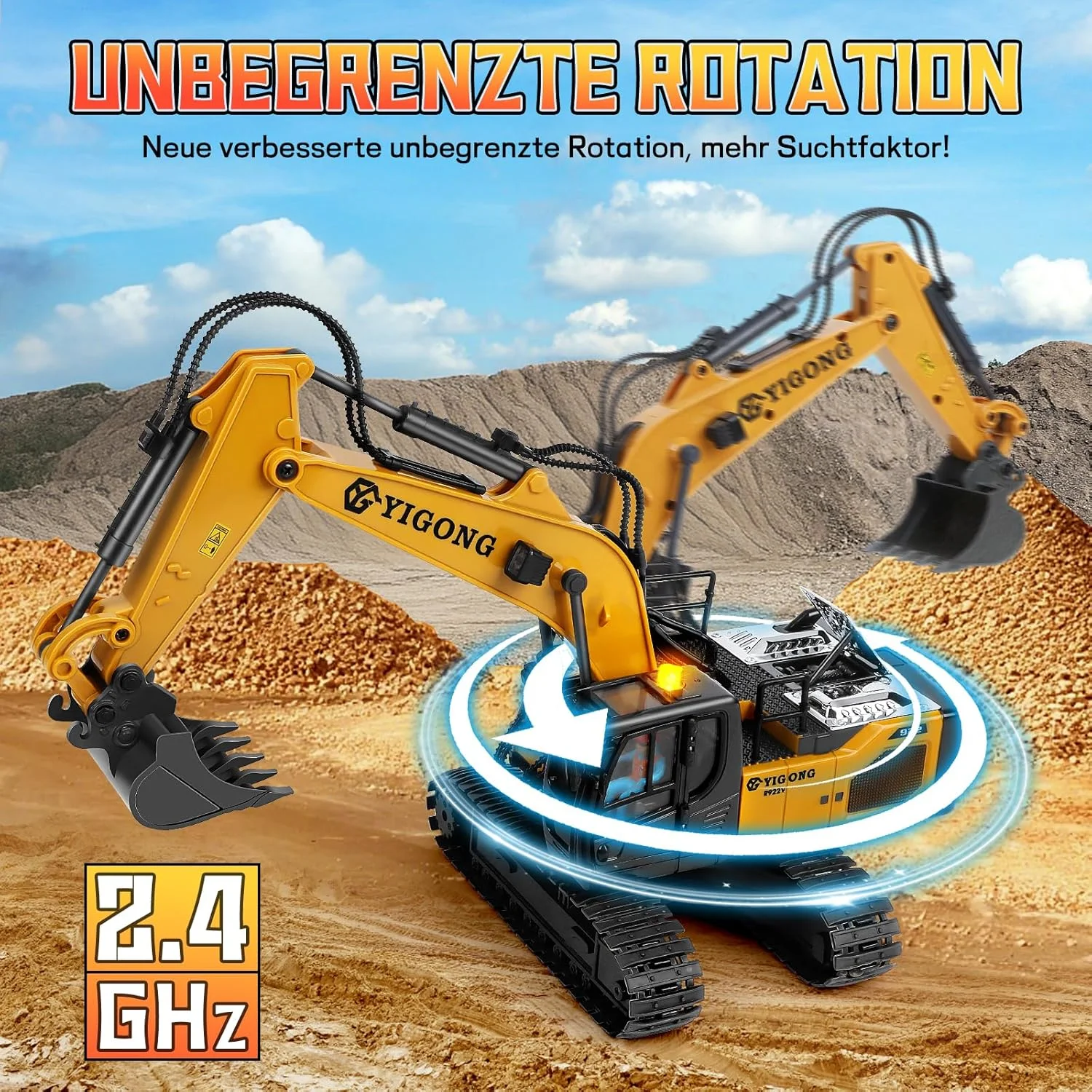 بیل مکانیکی کنترل از راه دور 2.4 گیگاهرتزی با کنترل از راه دور جاذبه ای، لودر چرخشی مداوم RC با چراغ ها و موسیقی، هدیه برای پسران 5 تا 12 سال