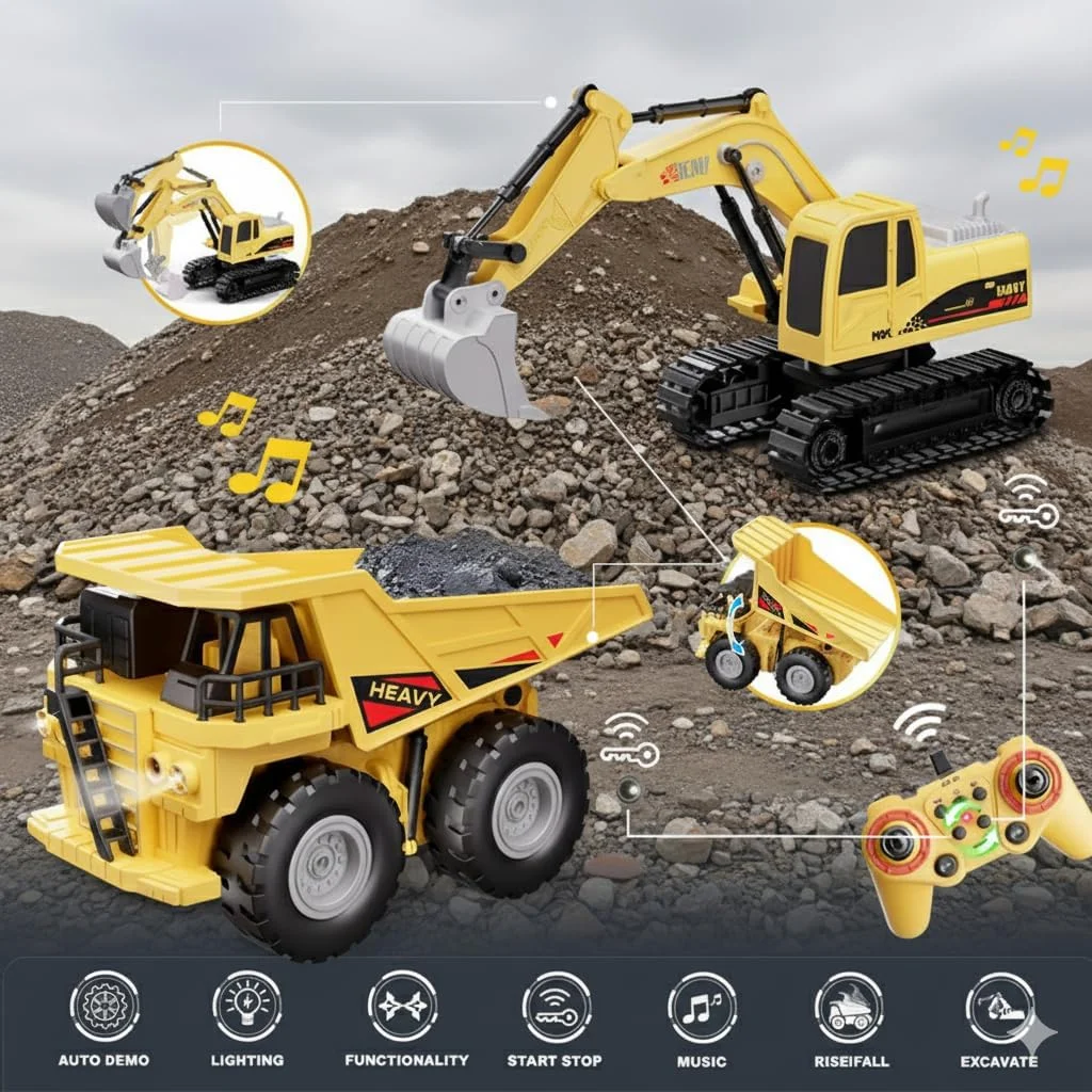 ست بیل مکانیکی و کامیون کمپرسی کنترلی، بسته دوقلو بیل مکانیکی و کامیون کمپرسی کنترل از راه دور، مقیاس 1:24، 11 کانال، 2.4 گیگاهرتز، شامل باتری