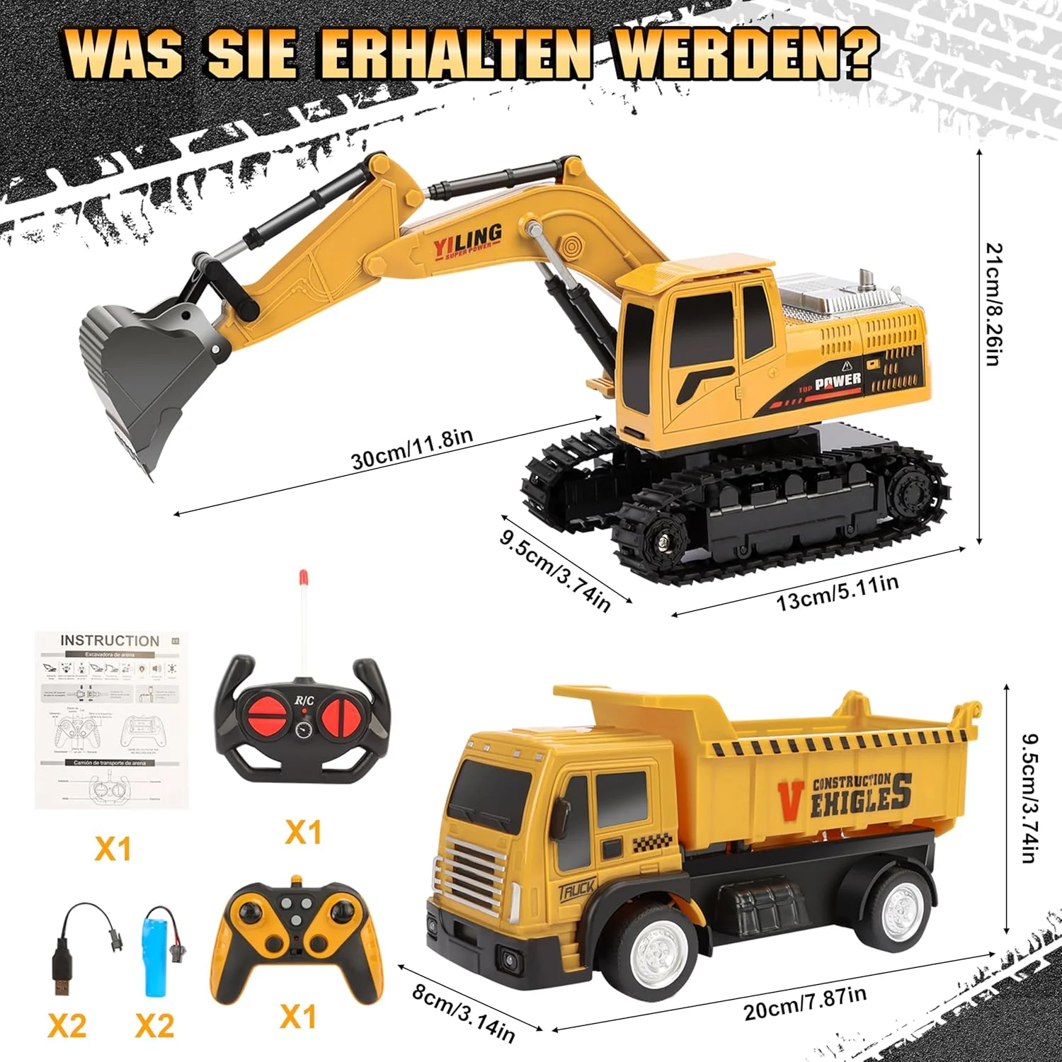 ست 2 عددی بیل مکانیکی کنترل از راه دور با وسیله نقلیه کنترل از راه دور، بیل مکانیکی 2.4 گیگاهرتزی برای کودکان - با چراغ ها و صداها و بند شانه فلزی، هدیه تولد بیل مکانیکی کامیون RC