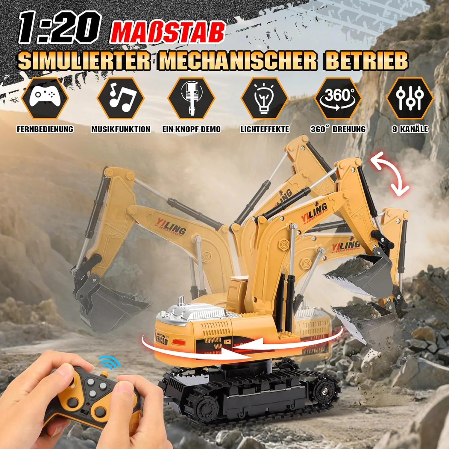 ست 2 عددی بیل مکانیکی کنترل از راه دور با وسیله نقلیه کنترل از راه دور، بیل مکانیکی 2.4 گیگاهرتزی برای کودکان - با چراغ ها و صداها و بند شانه فلزی، هدیه تولد بیل مکانیکی کامیون RC