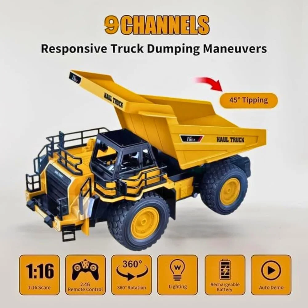 کامیون کمپرسی کنترلی مقیاس 1:18 – ماشین های اسباب بازی ساختمانی 9 کاناله RC، جلوه های نور با باتری دوتایی، هدیه تولد برای پسران