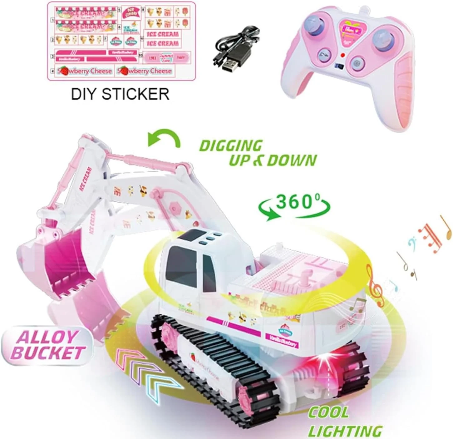 بیل مکانیکی کنترلی صورتی، 6 کانال 2.4 گیگاهرتز، ماشین ساختمانی کنترلی، اسباب بازی بیل مکانیکی صورتی مقیاس 1:24 با چرخش 360 درجه، نور، صدا و استیکرهای DIY، هدیه تولد برای دختران و کودکان 4-12 ساله