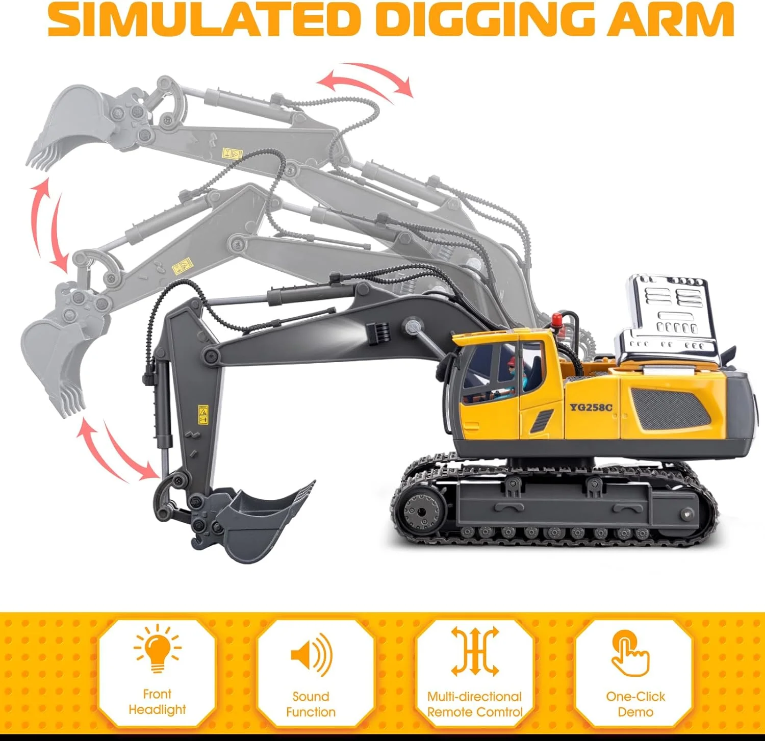 اسباب بازی بیل مکانیکی کنترلی، 11 کانال، مقیاس 1:20، ماشین های ساختمانی کنترلی، چرخش 680 درجه، اسباب بازی ماشین هیدرولیک برای پسران و کودکان 4، 5، 6، 7، 8، 9، 10 ساله، اسباب بازی کامیون بیل مکانیکی کنترلی، هدیه تولد کریسمس