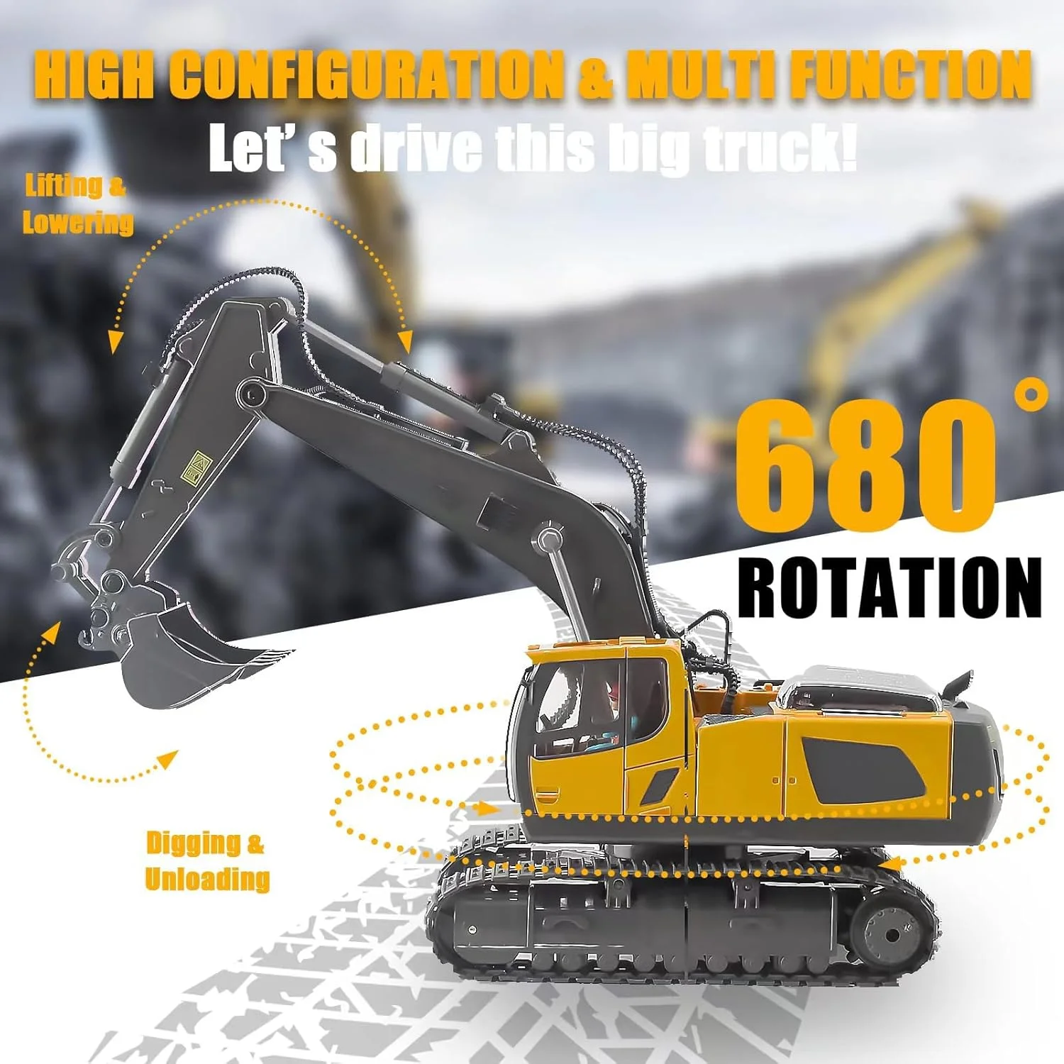 بیل مکانیکی کنترلی KASTWAVE، اسباب بازی برای پسران 6-12 سال، چرخش 680 درجه، 2 باتری، بیل فلزی، چراغ ها/صداها، اسباب بازی های ساختمانی، هدیه تولد، اسباب بازی پسرانه برای 3 4 5 6 7 8 ساله ها (2.4 گیگاهرتز)