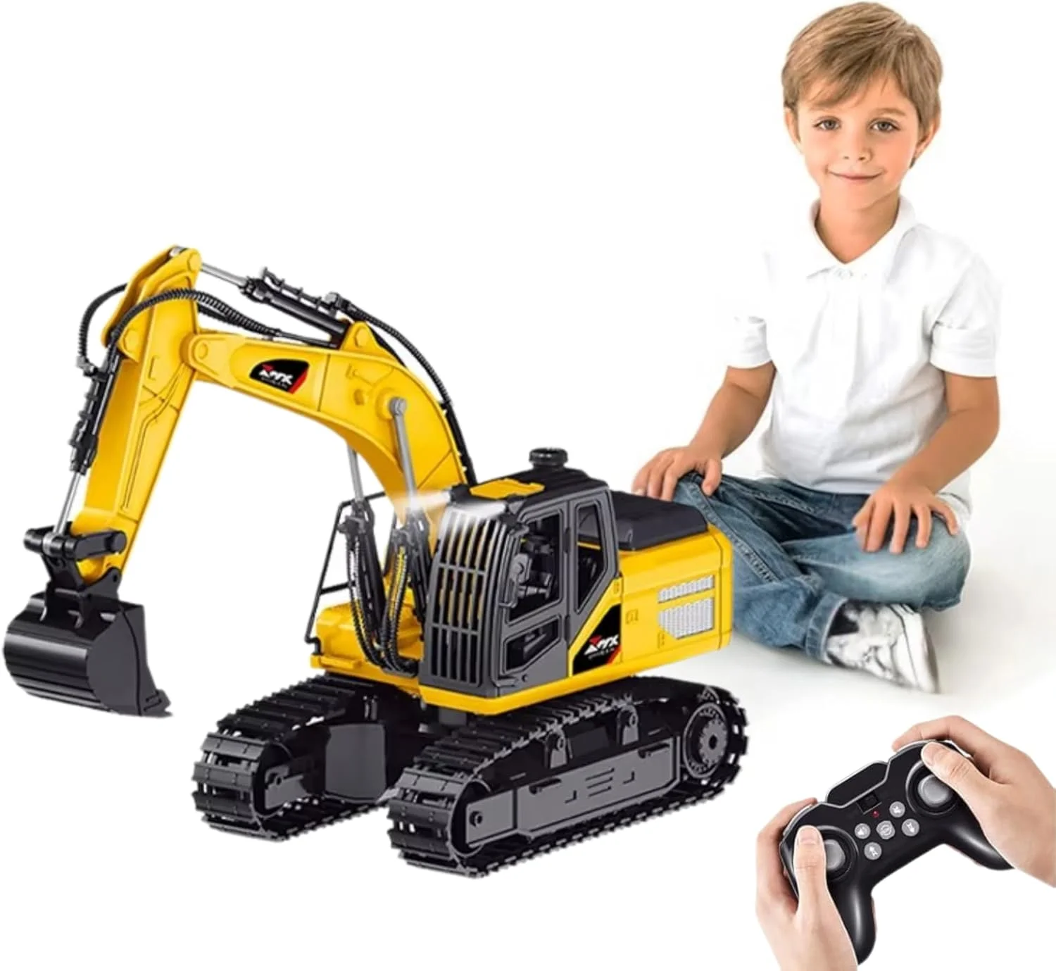 اسباب بازی بیل مکانیکی کنترلی برای پسران، کامیون ساختمانی کنترلی با بیل فلزی و چراغ، اسباب بازی بیل مکانیکی 11 کاناله برای پسران 3-5 4-7 8-12 ساله، هدیه تولد کریسمس کودکان