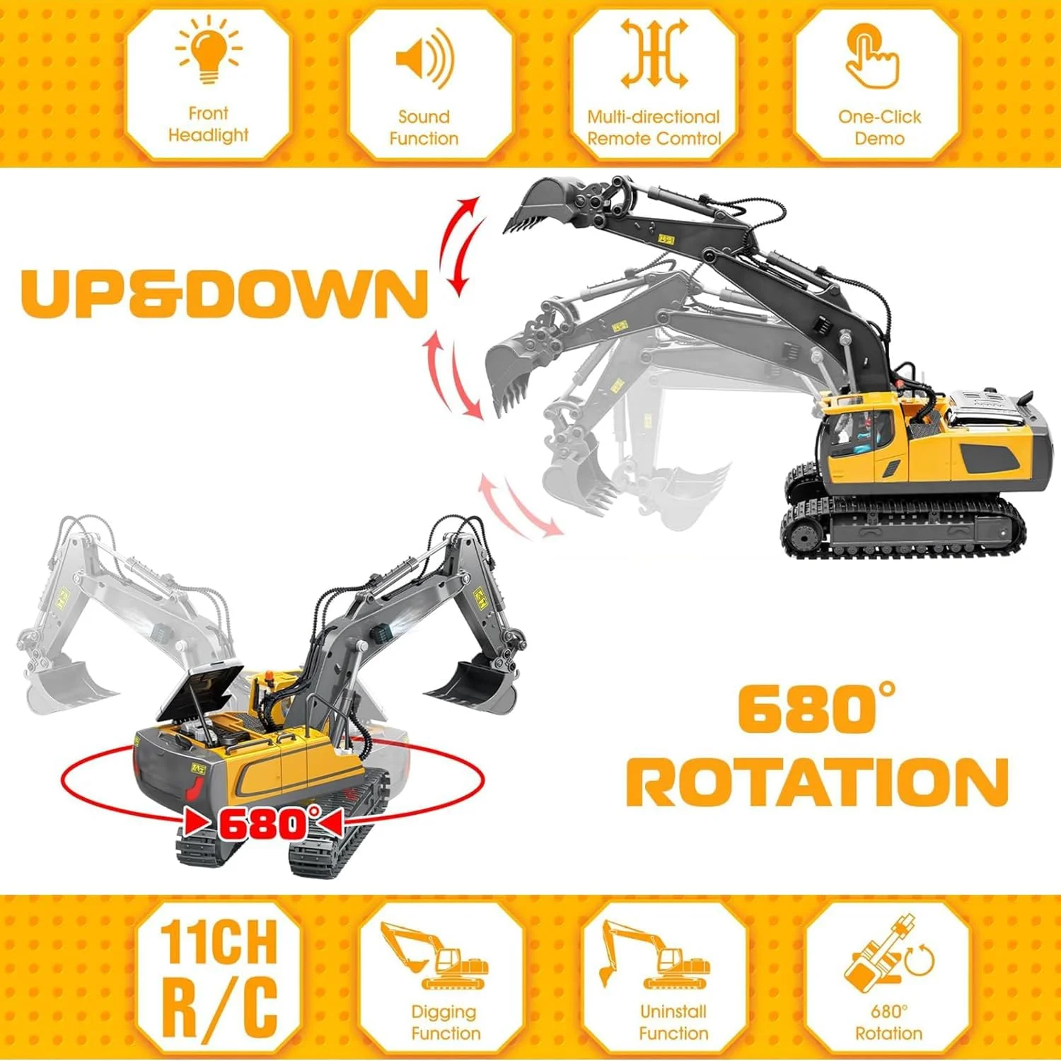 اسباب بازی بیل مکانیکی کنترلی برای پسران 6-12 ساله، بهترین هدیه تولد برای کودکان 4-7 8 9 10 11 ساله، اسباب بازی های ساختمانی RC با بیل فلزی، چراغ ها، صداها 2.4 گیگاهرتز