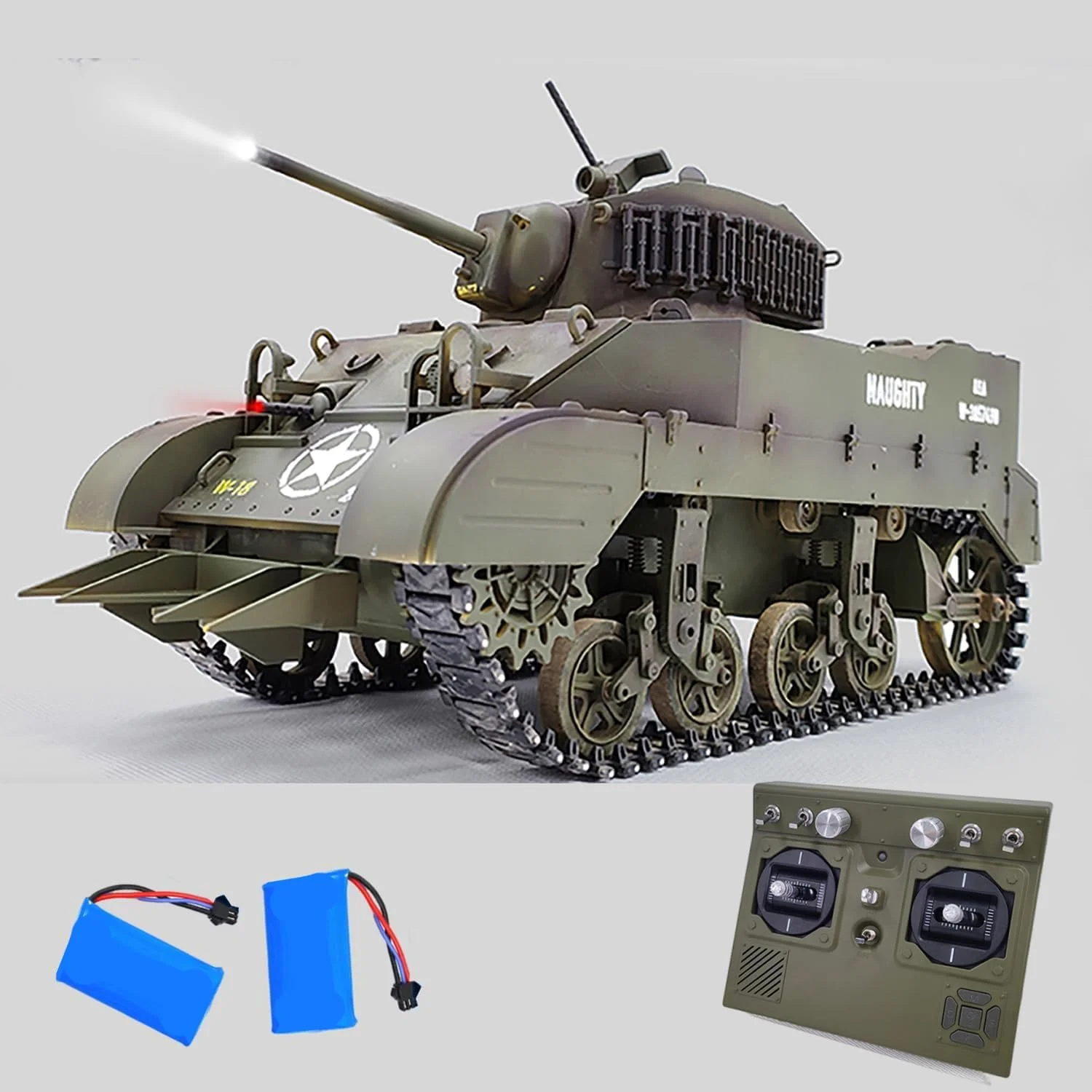 تانک کنترلی مدل US M5A1 Stuart مقیاس 1/16، تانک نظامی جنگی آرسی با قابلیت شبیه سازی دود، بالا بردن لوله تانک/ چرخش برجک 360 درجه/ مدل کلکسیونی / 2 باتری