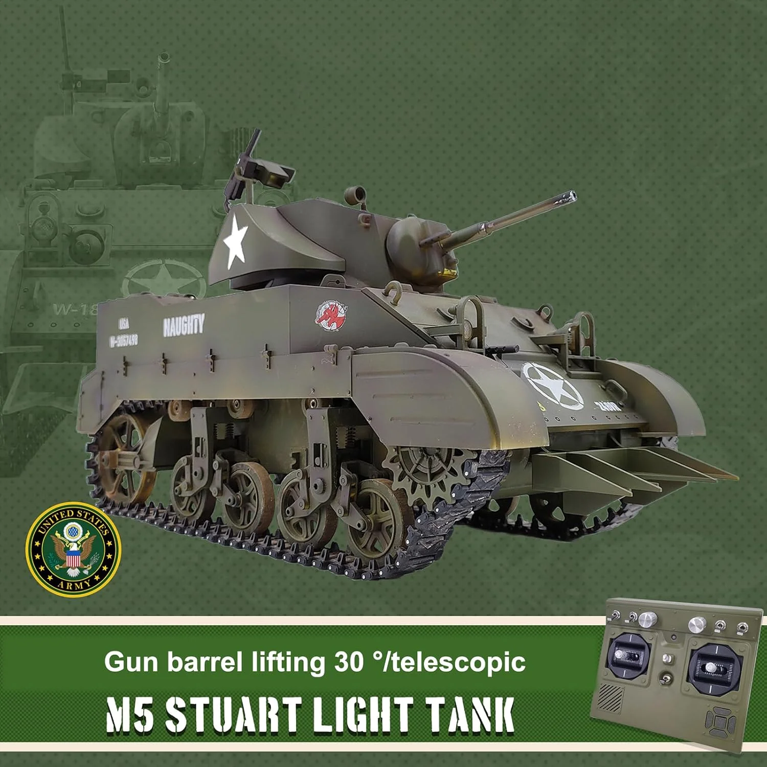تانک کنترلی مدل US M5A1 Stuart مقیاس 1/16، تانک نظامی جنگی آرسی با قابلیت شبیه سازی دود، بالا بردن لوله تانک/ چرخش برجک 360 درجه/ مدل کلکسیونی / 2 باتری