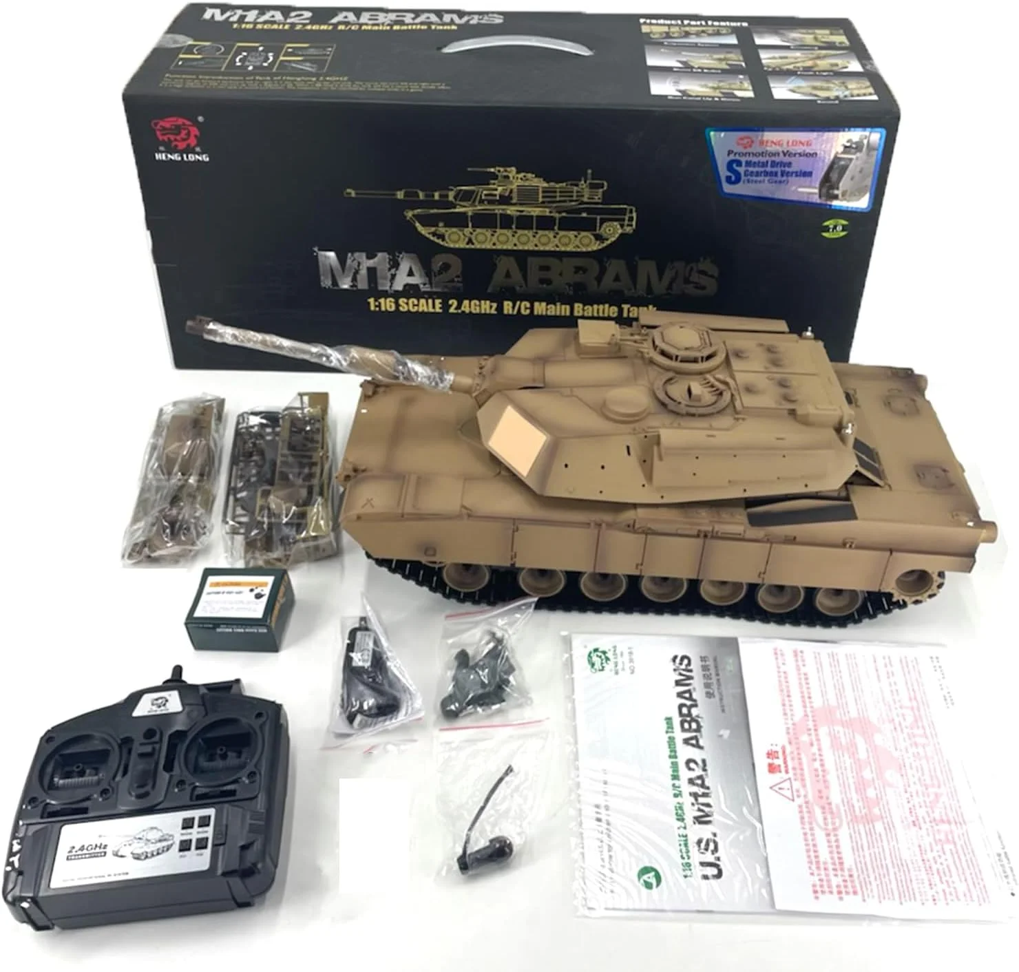 تانک کنترلی مدل M1A2 طرح استتار صحرایی، سایز بزرگ 62 سانتی‌متری، مقیاس 1:16 (نسخه ارتقا یافته)