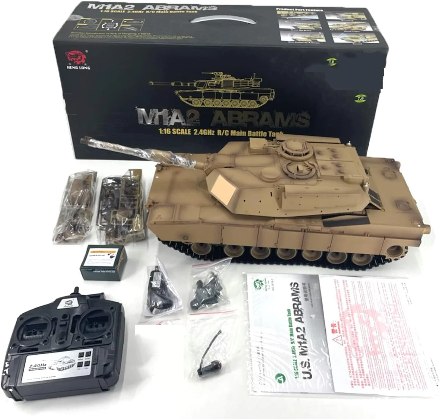 تانک کنترلی مدل M4A3 با طرح استتار صحرایی، سایز بزرگ 62 سانتی‌متری، قابلیت شلیک BB، چرخش برجک 320 درجه و جلوه‌های صوتی و حرکتی