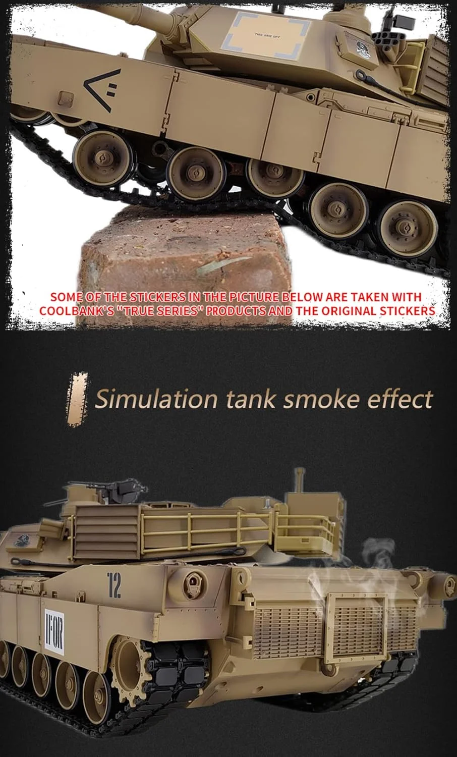 تانک کنترلی مدل M4A3 با طرح استتار صحرایی، سایز بزرگ 62 سانتی‌متری، قابلیت شلیک BB، چرخش برجک 320 درجه و جلوه‌های صوتی و حرکتی