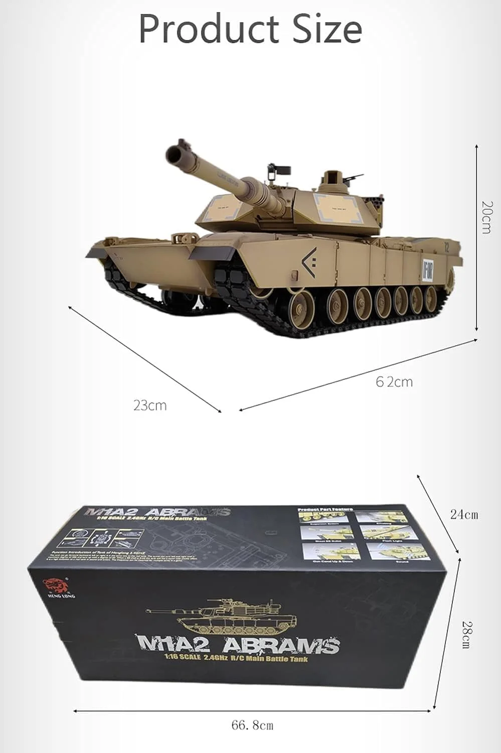 تانک کنترلی مدل M4A3 طرح استتار صحرایی، سایز بزرگ 62 سانتی‌متری، با قابلیت‌های شلیک BB و ایجاد دود