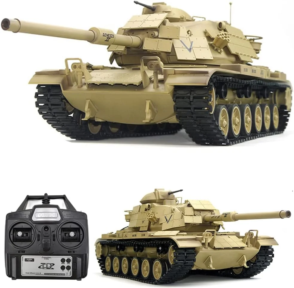 تانک کنترلی بزرگ مدل M60A1 با طرح استتار صحرایی، طول 64 سانتی متر، قابلیت کنترل از راه دور، پرتاب گلوله