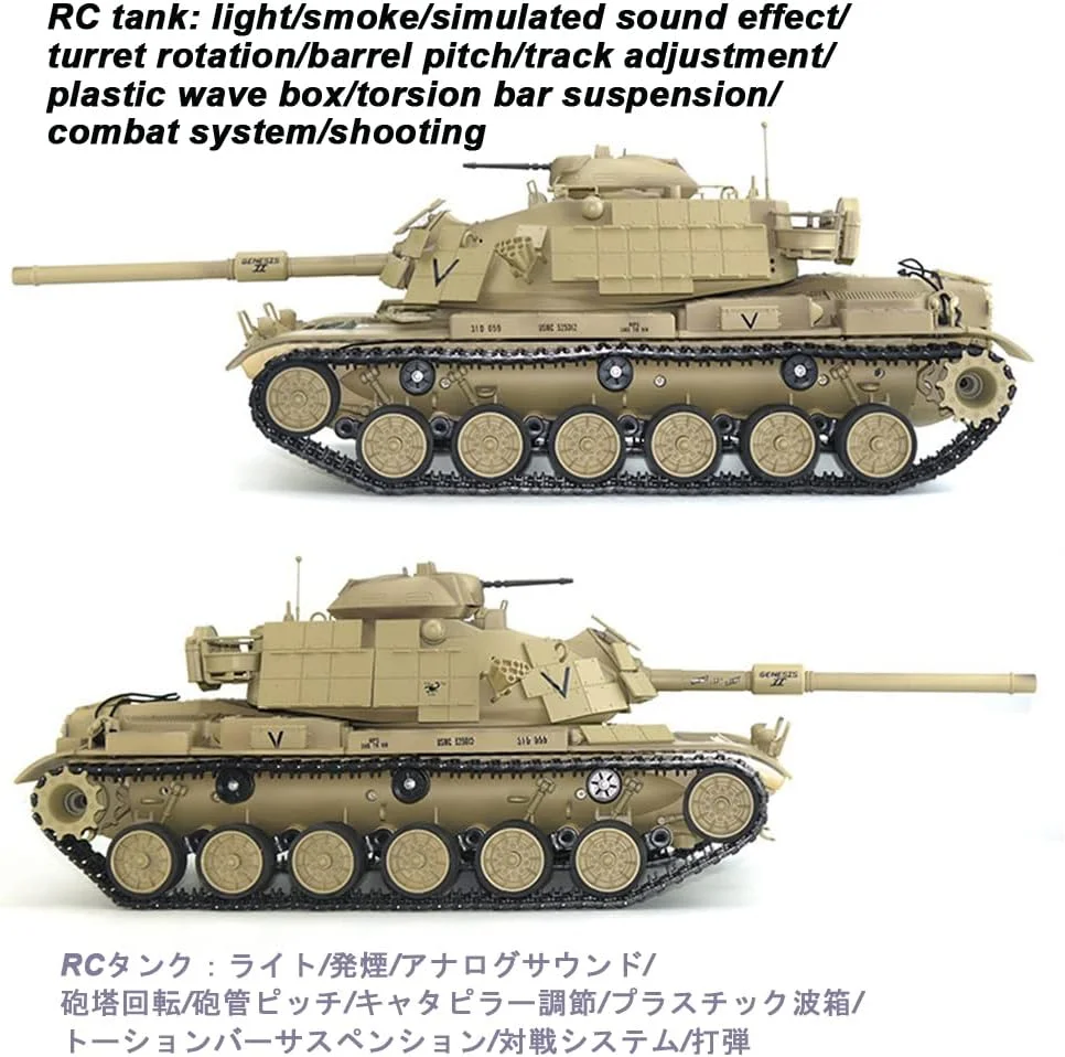 تانک کنترلی بزرگ مدل M60A1 با طرح استتار صحرایی، طول 64 سانتی متر، قابلیت کنترل از راه دور، پرتاب گلوله