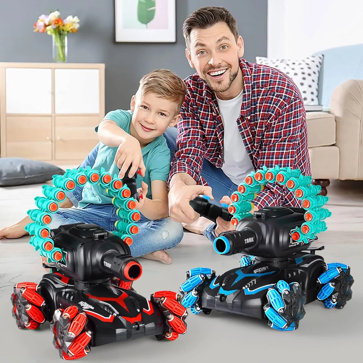 ماشین کنترلی تیر پرتاب کن بوکسیور، مناسب برای نرف، تانک کنترلی تیرانداز، تانک جنگی با قابلیت پرتاب دارت فومی - انجام حرکات نمایشی، 16 دارت فومی - هدیه تولد برای کودکان 7، 8، 9، 10 و 11 ساله (قرمز)