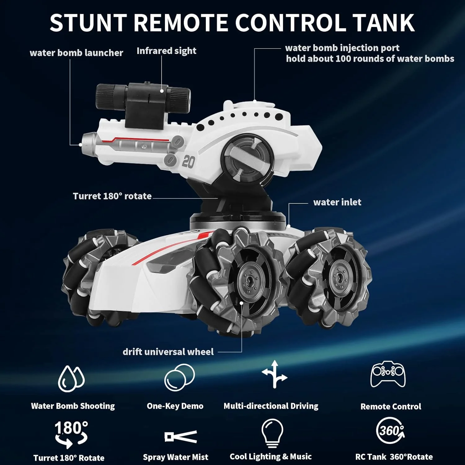 تانک کنترلی تیرانداز آرسی، ماشین های کنترلی 4WD با برجک جنگی چرخان، ماشین کنترلی از راه دور برای پسران 8-12 سال با 2 باتری قابل شارژ، نور و موسیقی جذاب، هدیه عالی برای پسران 6-12 سال
